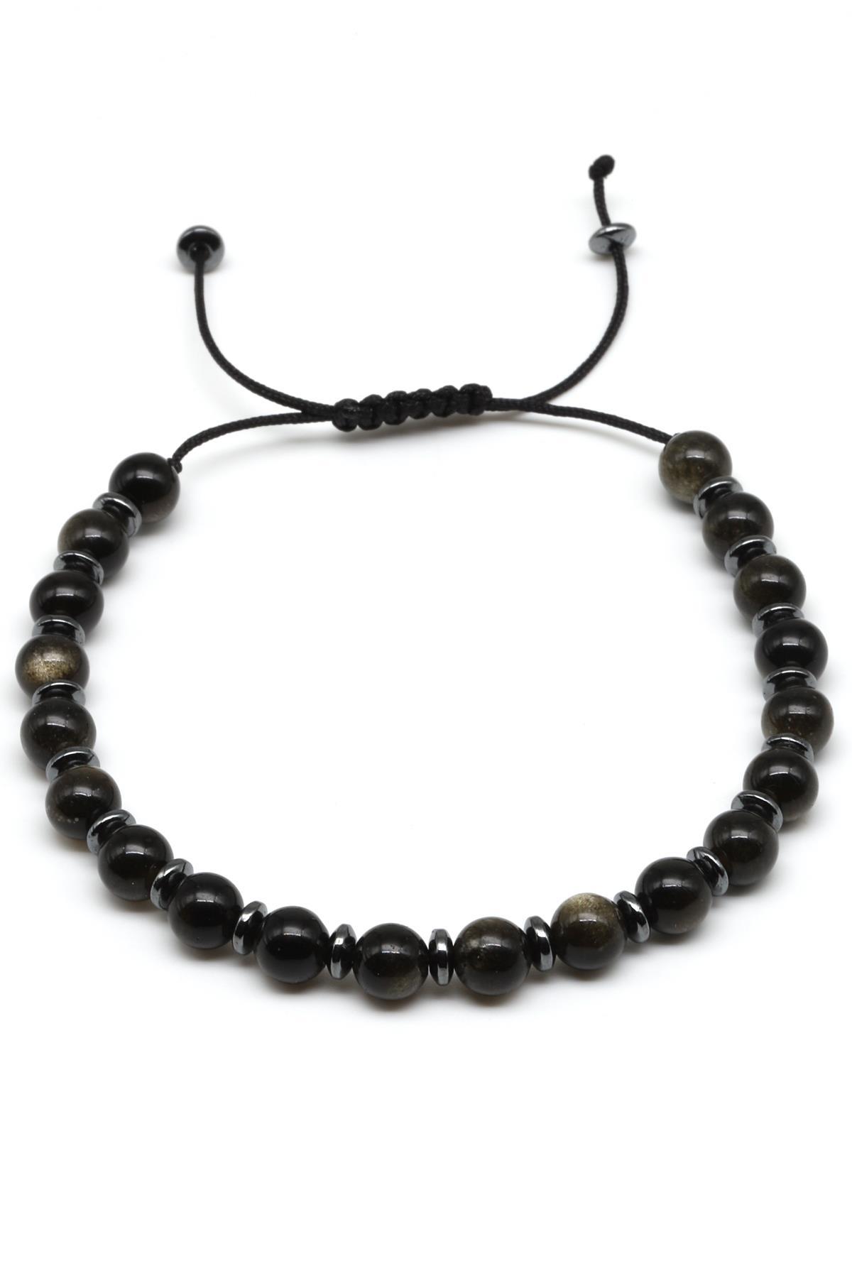 Golden Obsidyen Doğal Taş Makrome Örme Bileklik Küre Kesim