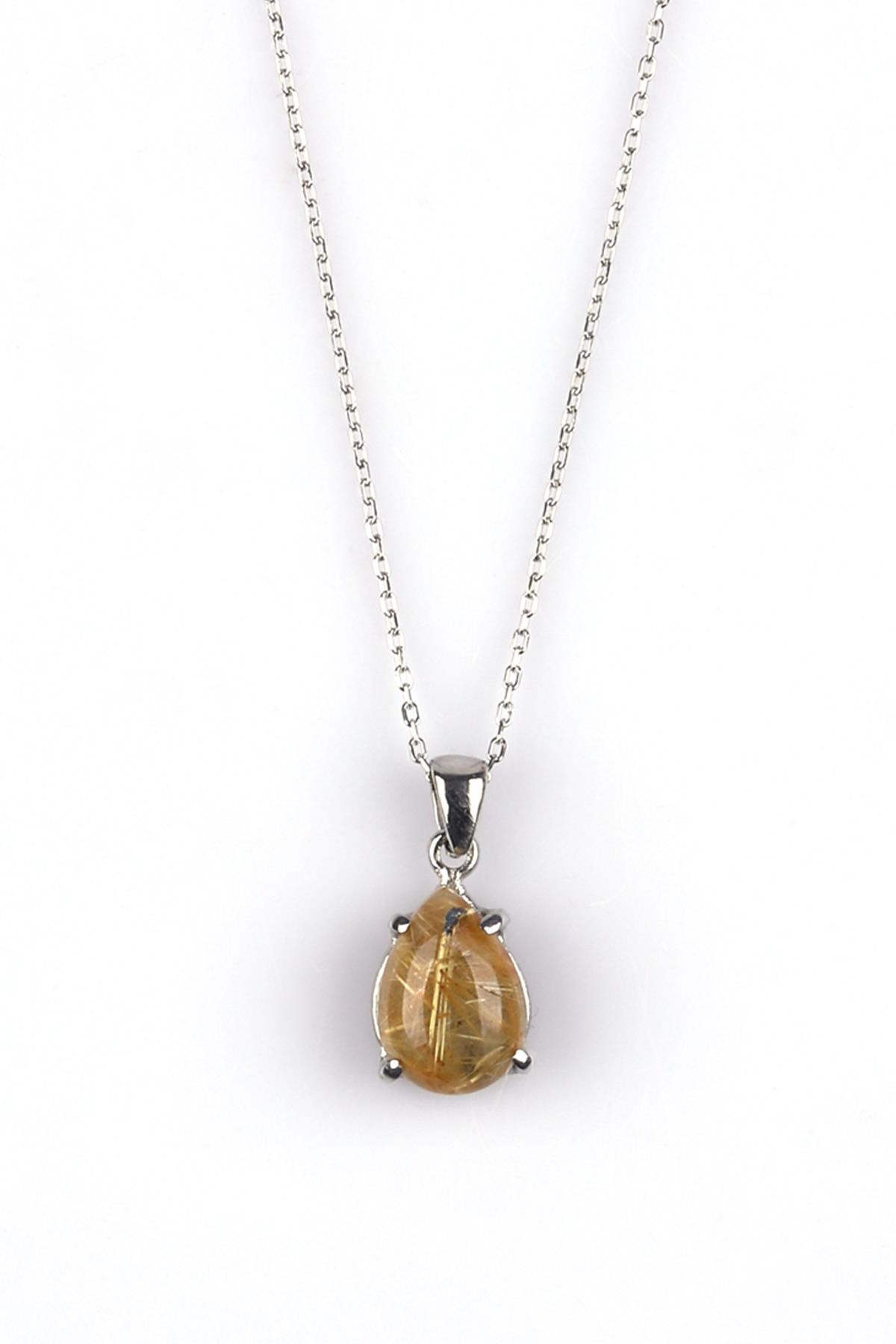 Golden Rutil Kuvars Doğal Taş 925 Ayar Gümüş Kolye