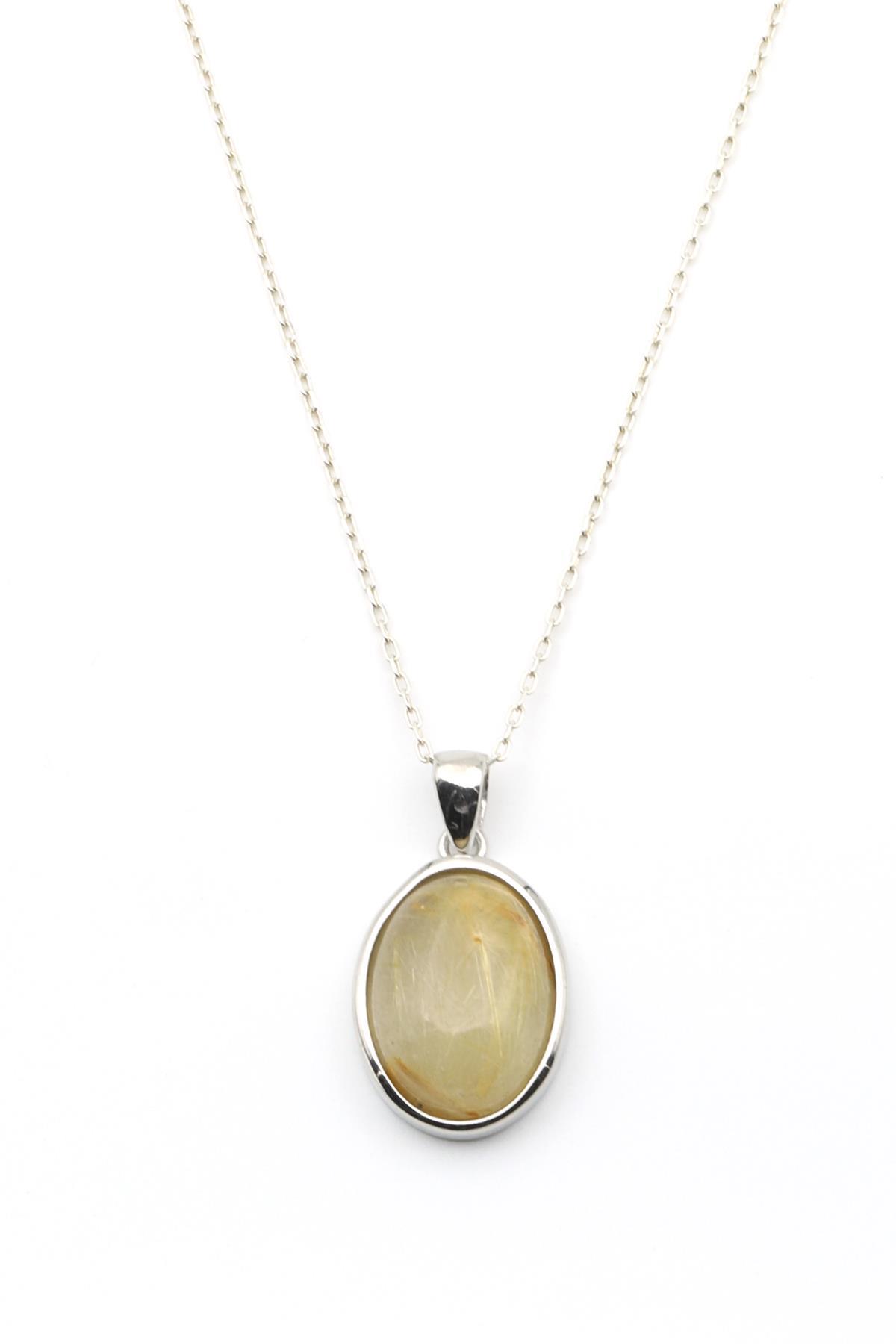 Golden Rutil Kuvars Doğal Taş 925 Ayar Gümüş Kolye