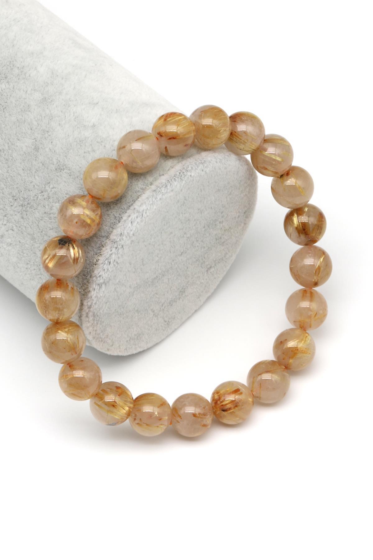 Golden Rutil Kuvars Doğal Taş Bileklik 9 mm Küre Kesim