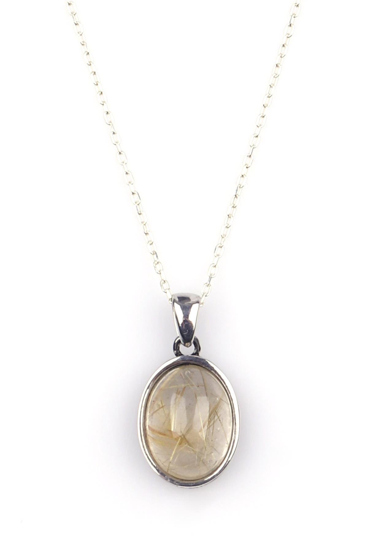 Golden Rutilli Kuvars Doğal Taş 925 Ayar Gümüş Kolye