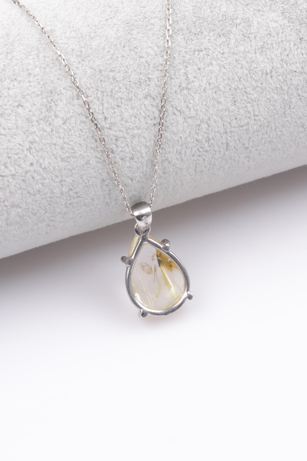 Golden Rutilli Kuvars Doğal Taş 925 Ayar Gümüş Kolye