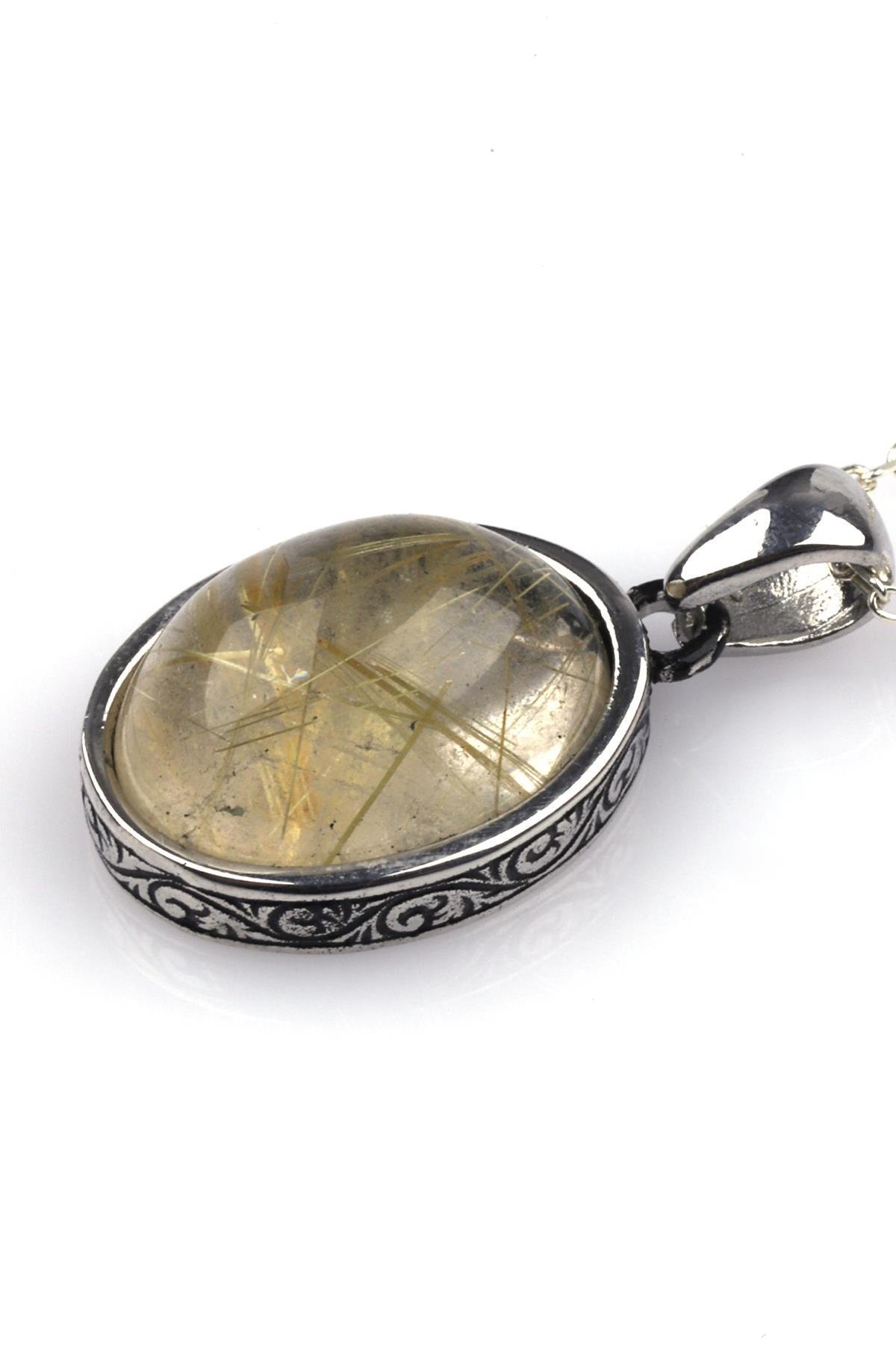 Golden Rutilli Kuvars Doğal Taş 925 Ayar Gümüş Kolye