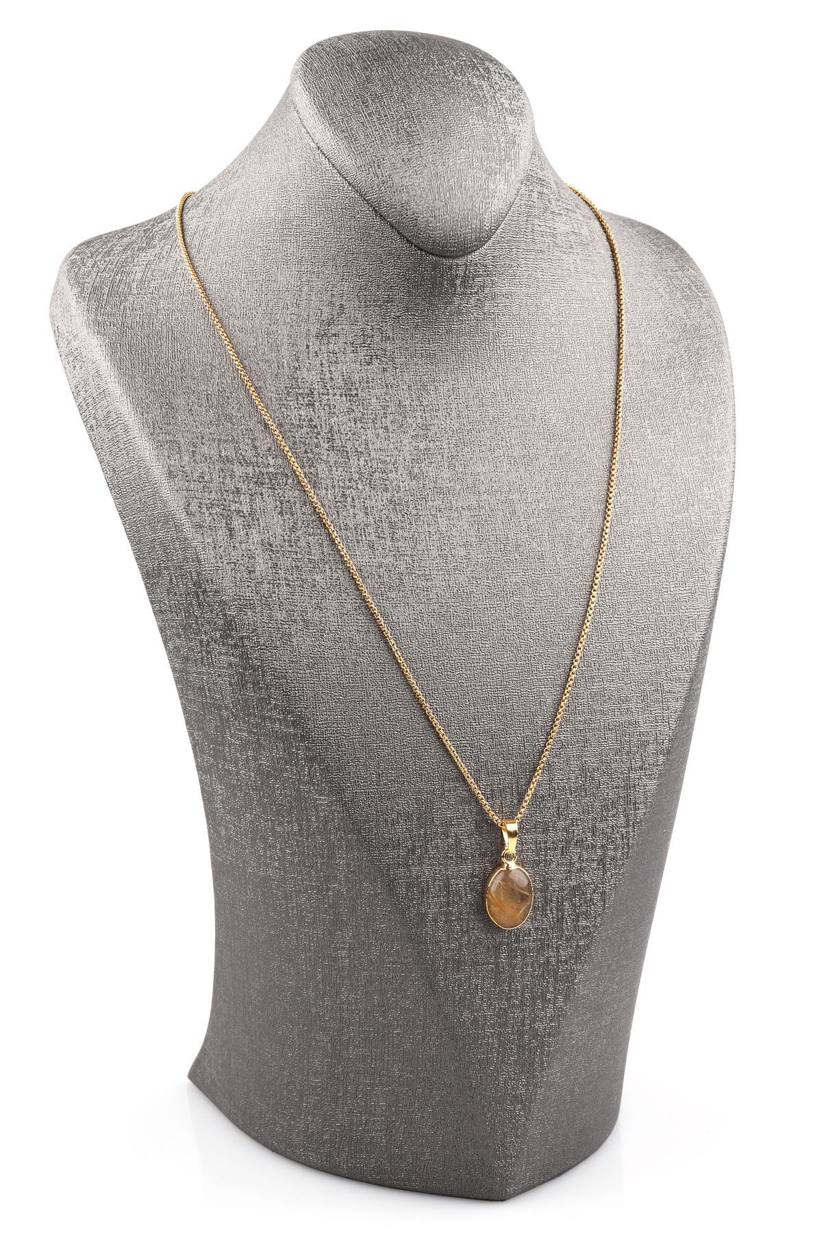 Golden Rutilli Kuvars Doğal Taş Çelik Zincirli Kolye