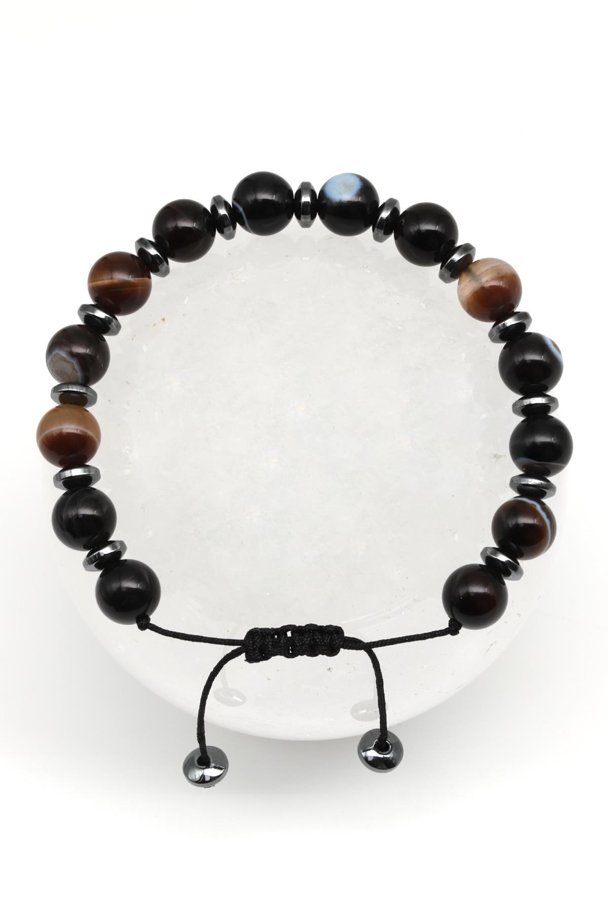 Göz Akik Doğal Taş Makrome Örme Bileklik Küre Kesim