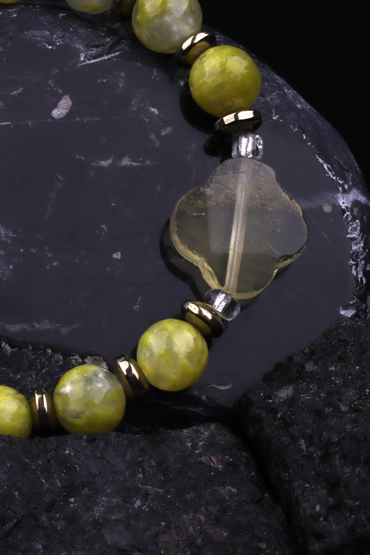 Green Kuvars - Hematit Doğal Taş Tasarım Bileklik 