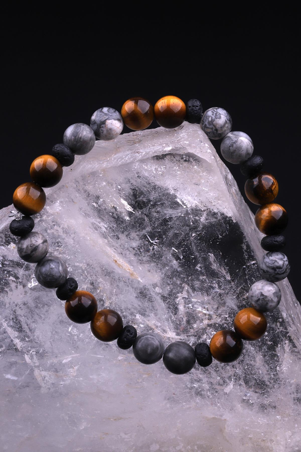 Gri Jasper - Kaplan Gözü - Lav Doğal Taş Tasarım Bileklik 