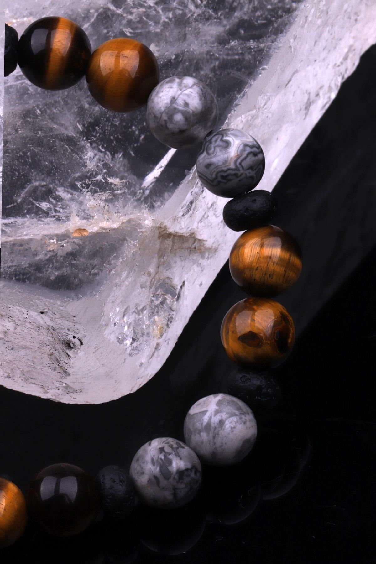 Gri Jasper - Kaplan Gözü - Lav Doğal Taş Tasarım Bileklik 