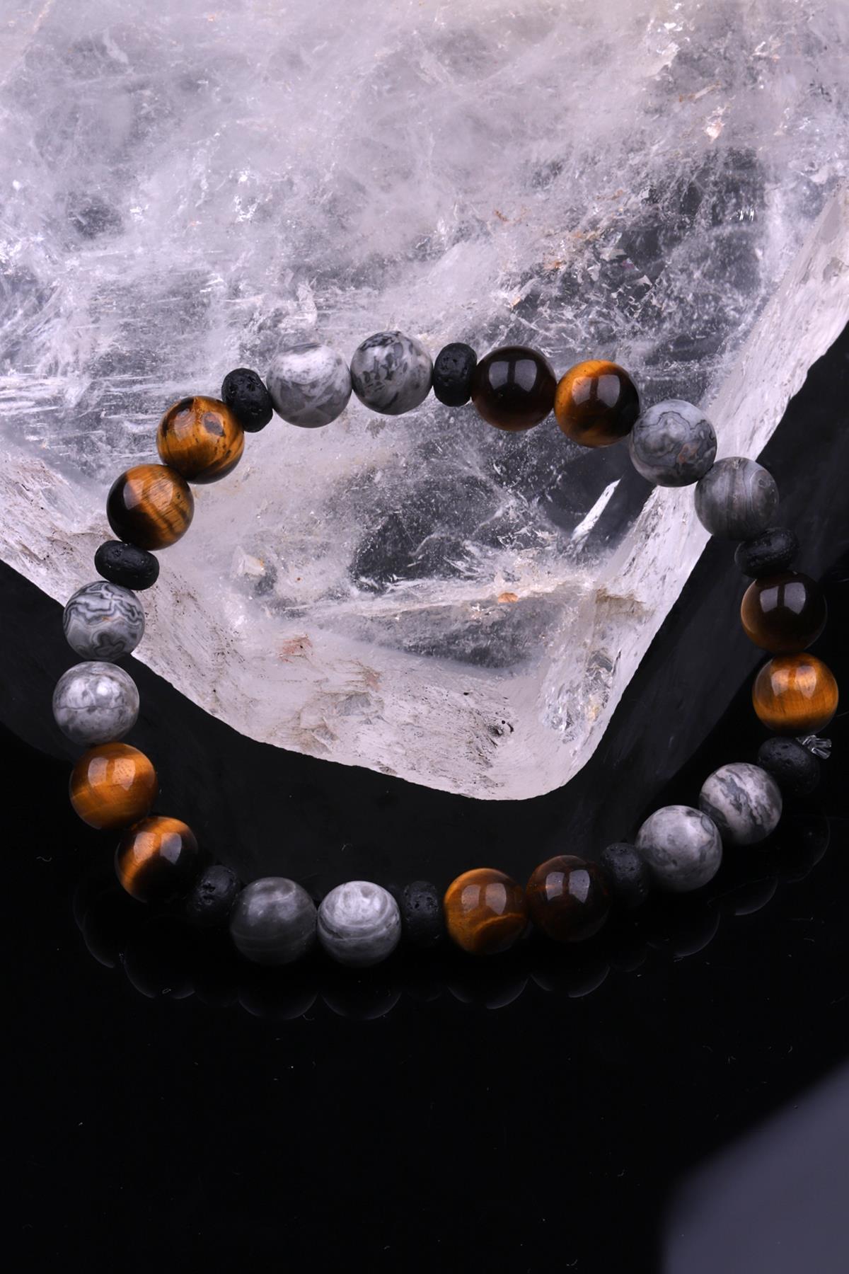 Gri Jasper - Kaplan Gözü - Lav Doğal Taş Tasarım Bileklik 