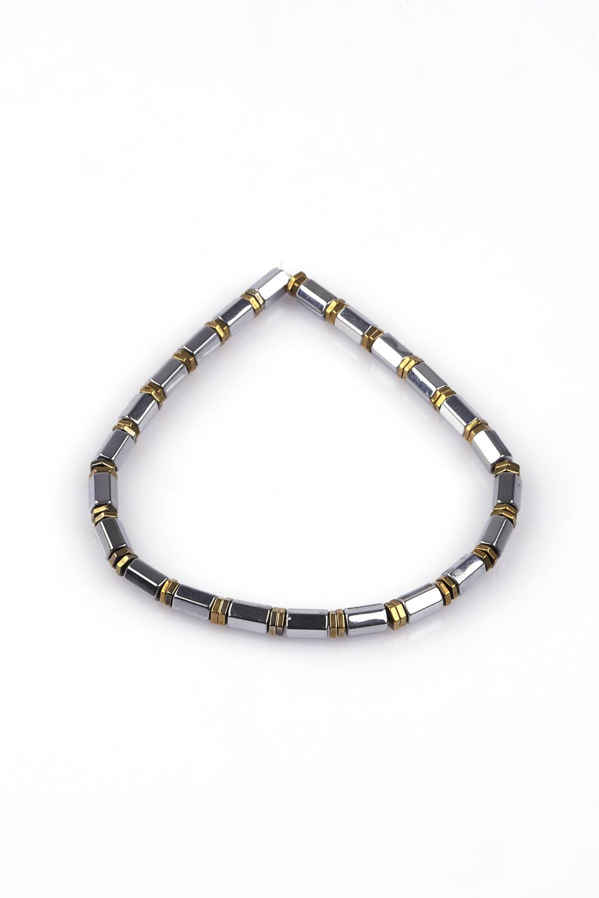 Gümüş Gri - Gold Renkli Hematit Doğal Taş Bileklik 5 x 3 mm Rondel Kesim