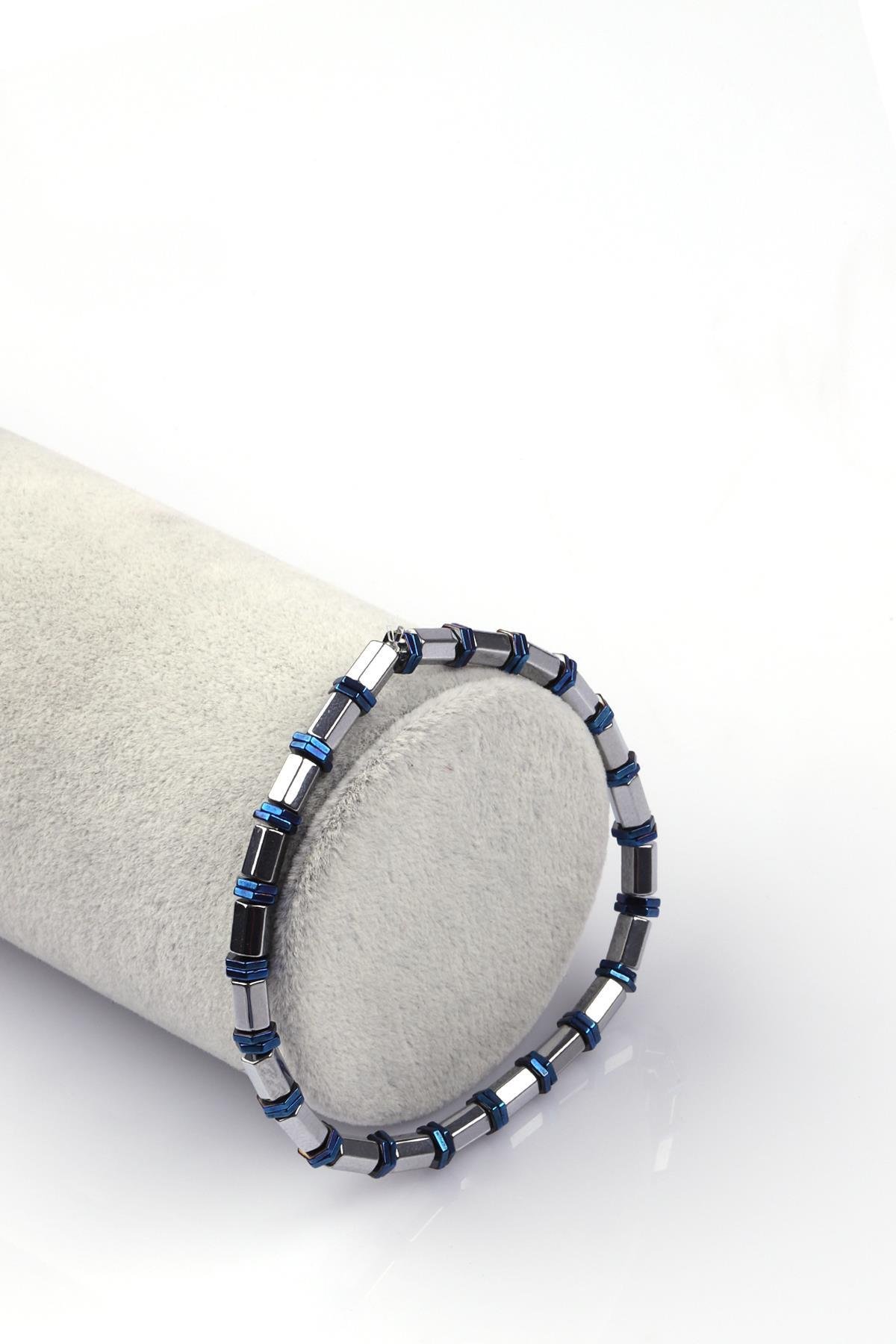 Gümüş Gri - Mavi Renkli Hematit Doğal Taş Bileklik 5 x 3 mm Rondel Kesim