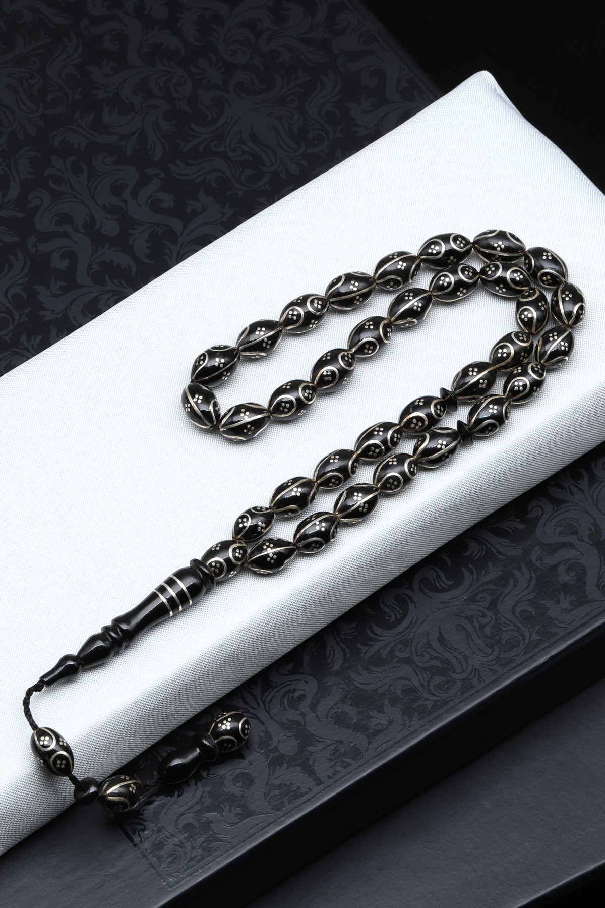 Gümüş İşlemeli Erzurum Oltu Tesbih 6 x 10 mm. Arpa Kesim - T-1916