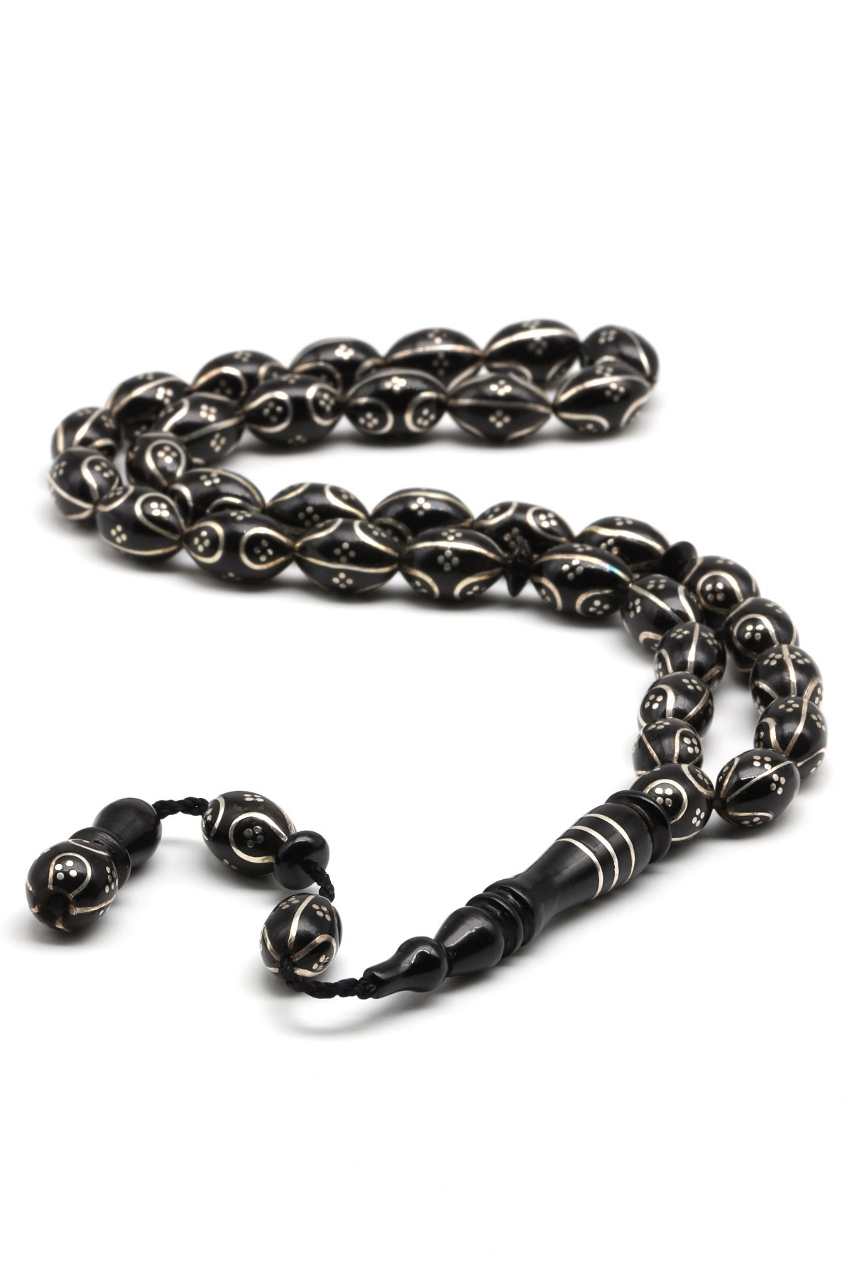 Gümüş İşlemeli Erzurum Oltu Tesbih 6 x 10 mm. Arpa Kesim - T-1916