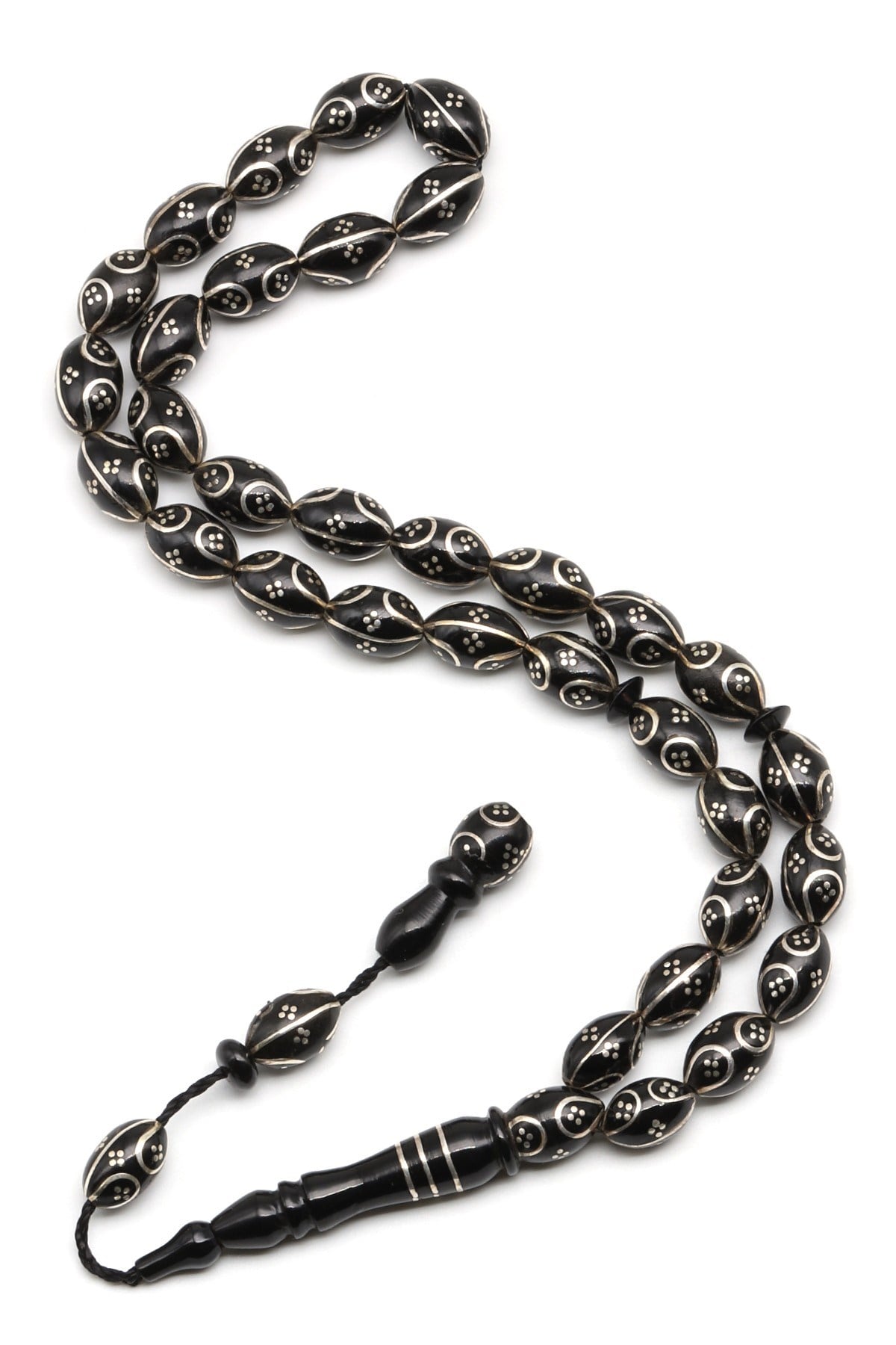 Gümüş İşlemeli Erzurum Oltu Tesbih 6 x 10 mm. Arpa Kesim - T-1916