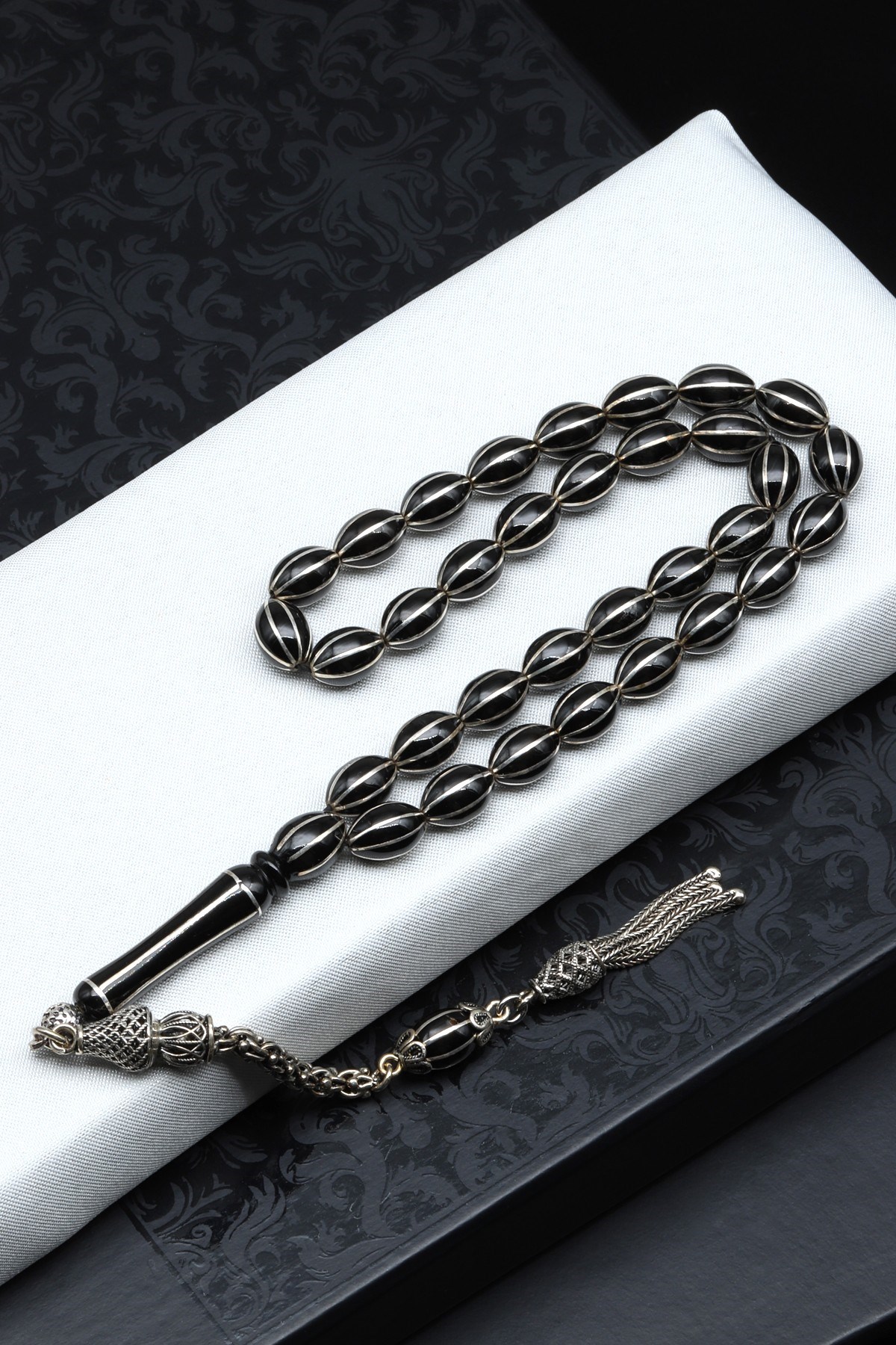 Gümüş İşlemeli Erzurum Oltu Tesbih 7 x 10 mm. Arpa Kesim - T-1914