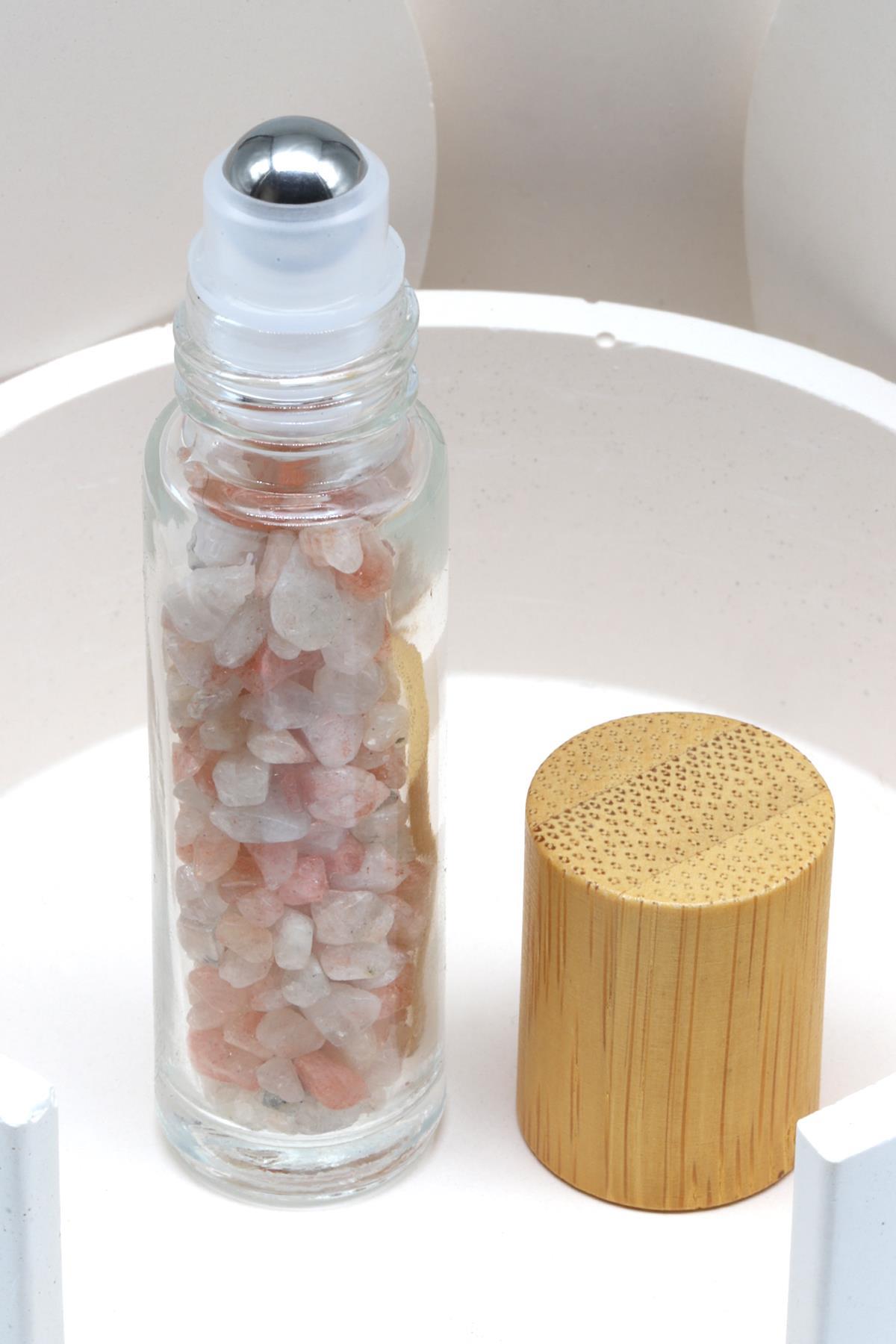 Güneş Taşı Doğal Taşlı Bambu Kapaklı Doldurulabilir Esans ve Yağ Şişesi - Hematit Uçlu