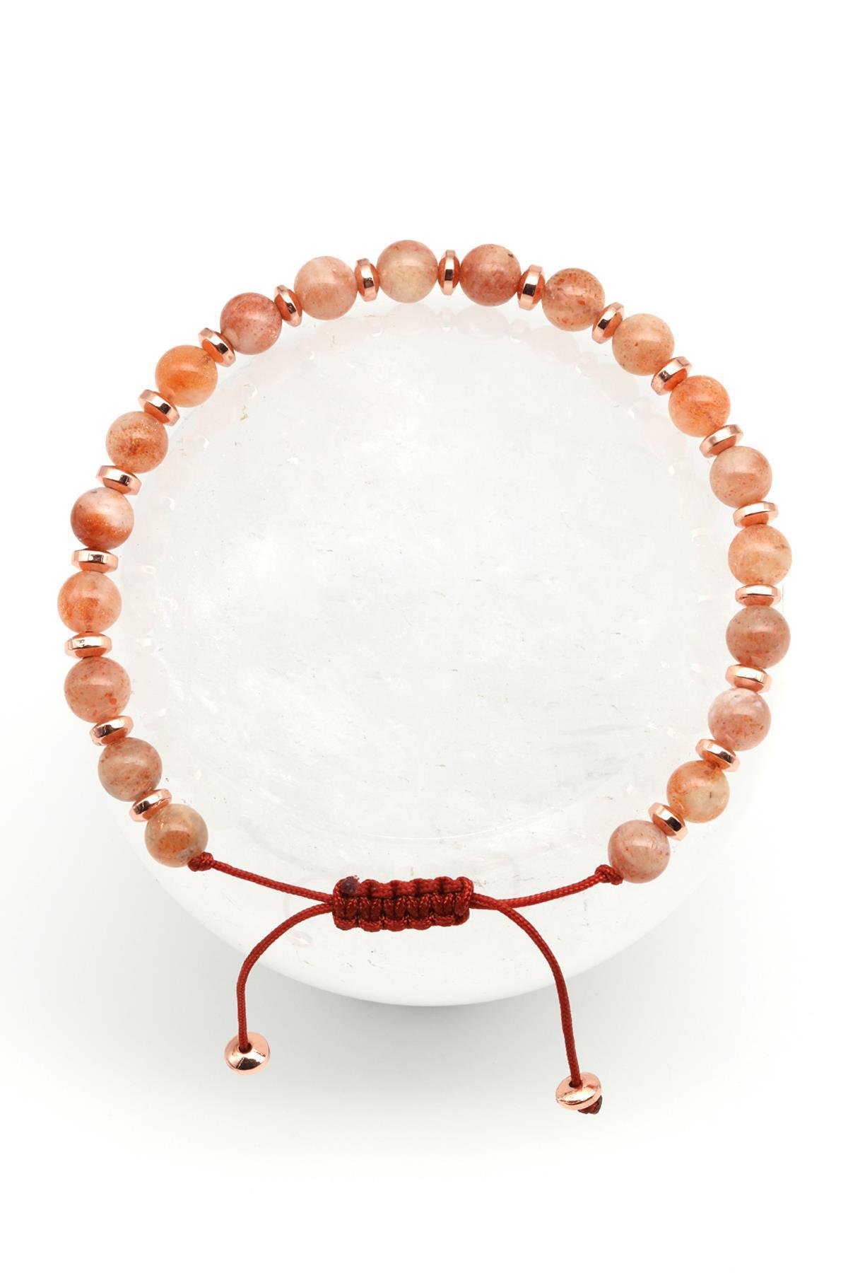 Güneş Taşı - Hematit Doğal Taş Makrome Örme Bileklik Küre Kesim