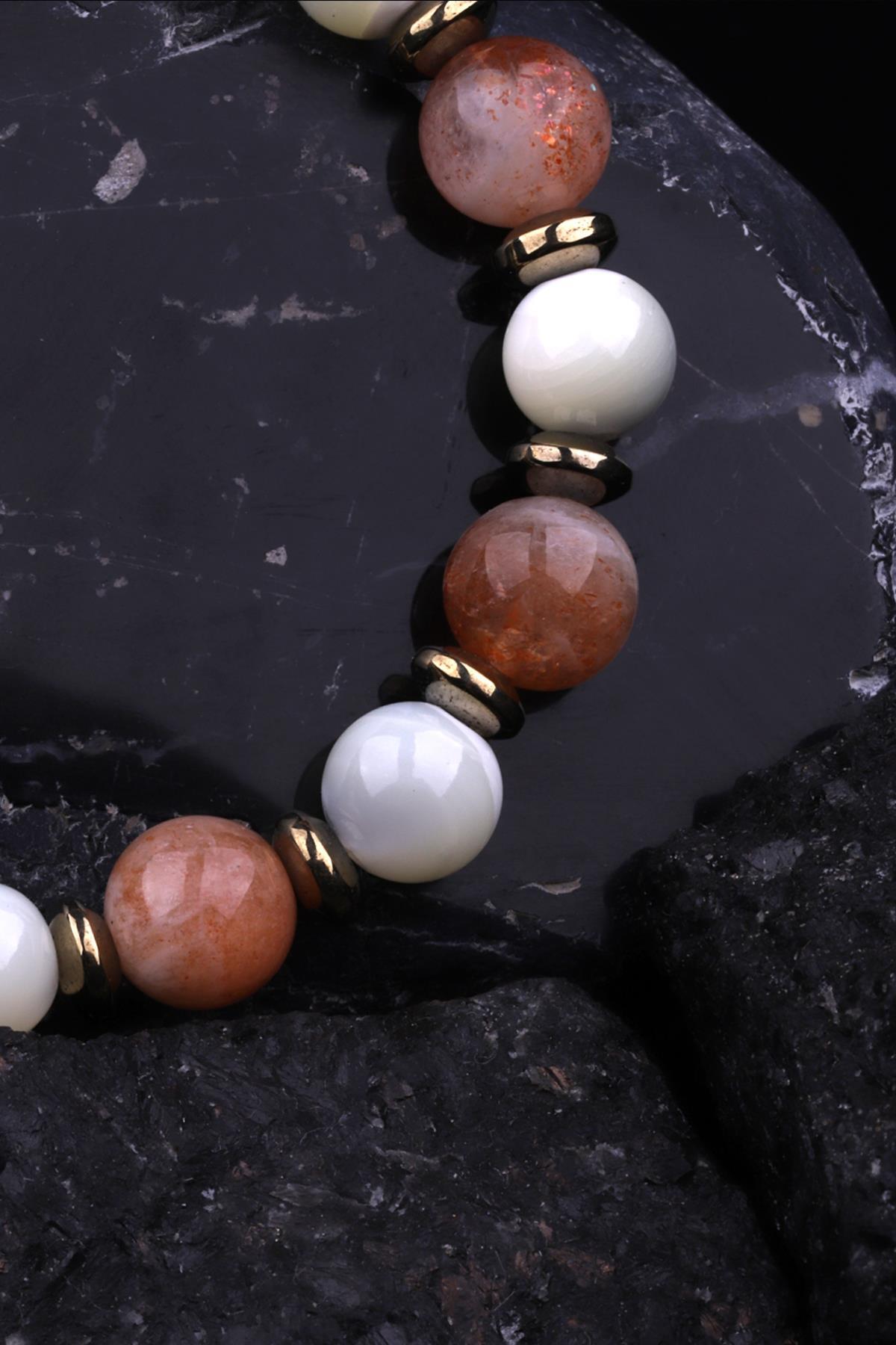 Güneş Taşı - Sedef - Hematit Doğal Taş Tasarım Bileklik 