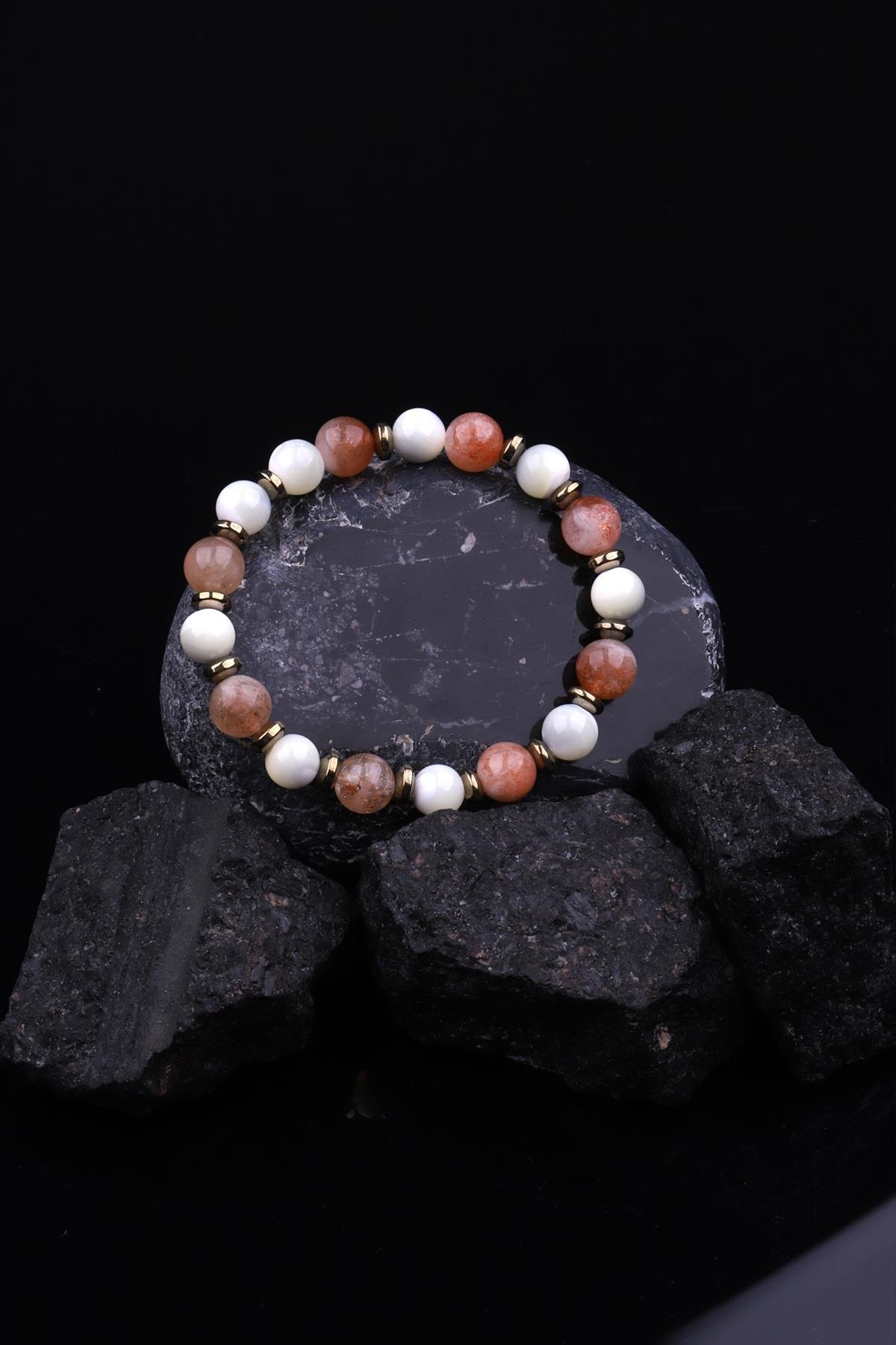 Güneş Taşı - Sedef - Hematit Doğal Taş Tasarım Bileklik 