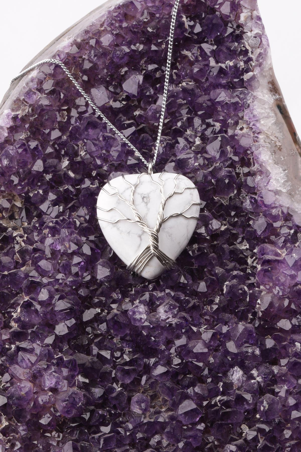 Havlit Doğal Taş Kalp Model Tel Sarmalı Kolye