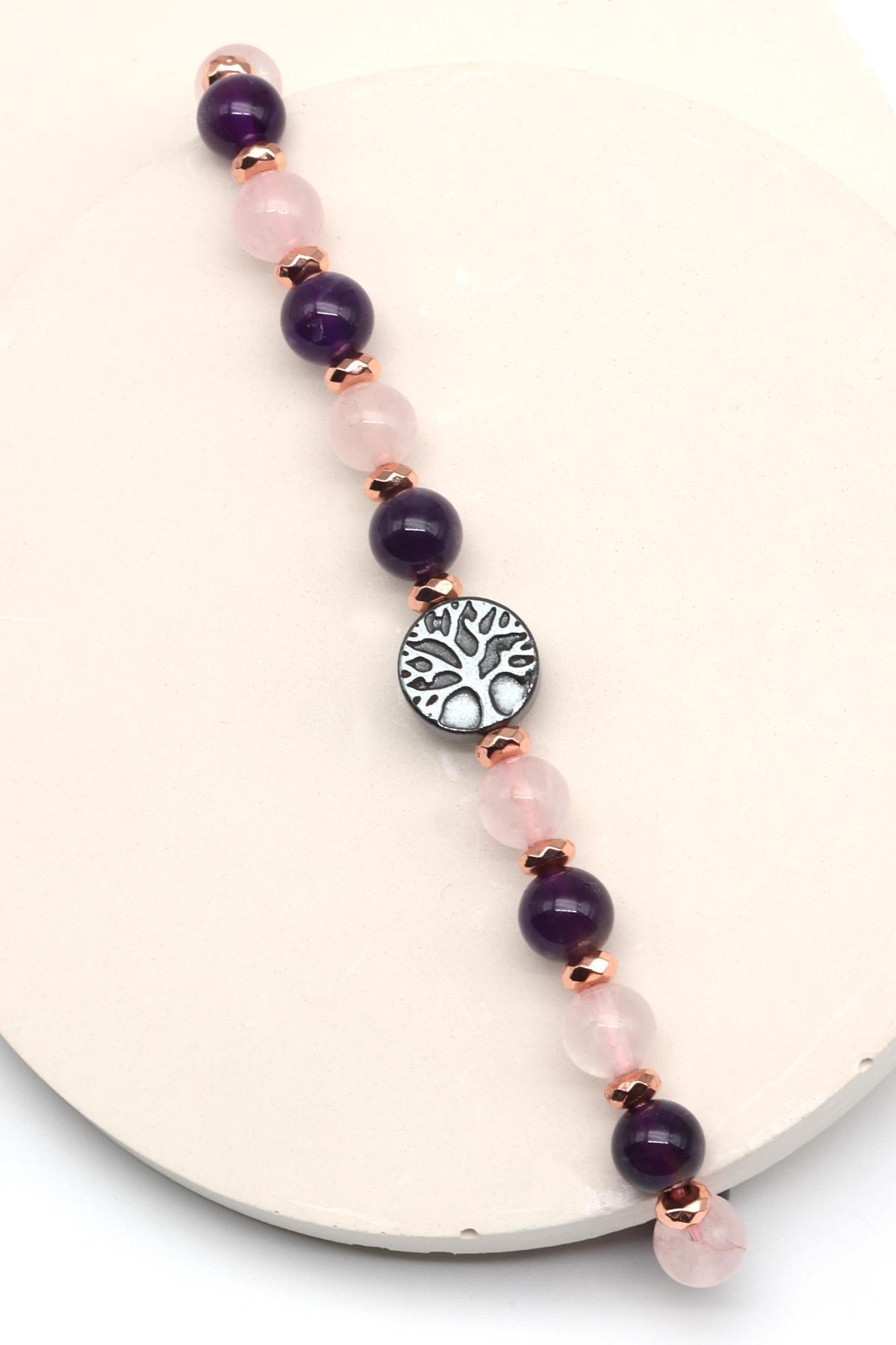 Hayat Ağaçlı Ametist - Pembe Kuvars Doğal Taş Makrome Örme Bileklik Küre Kesim