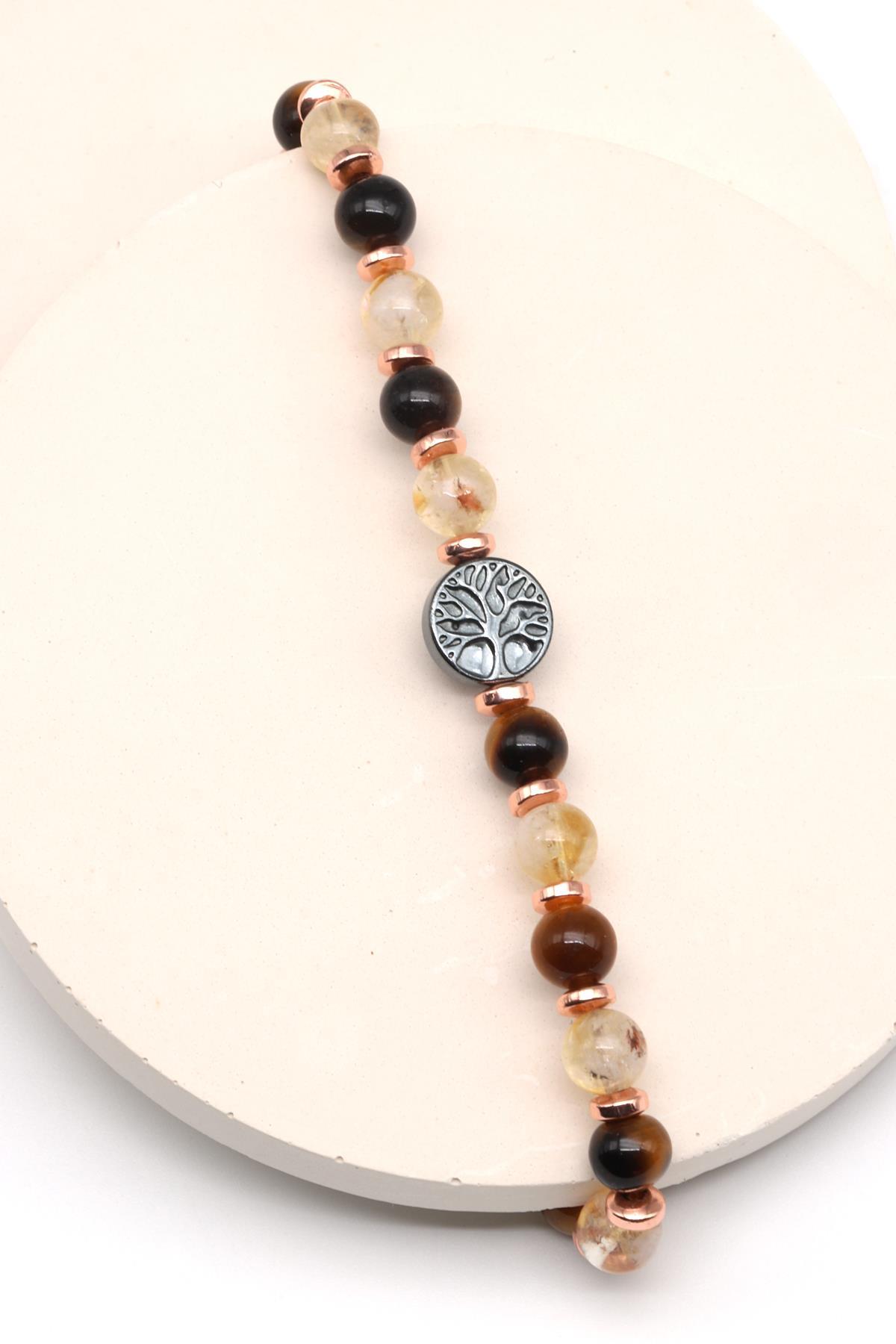 Hayat Ağaçlı Sitrin - Kaplan Gözü Doğal Taş Makrome Örme Bileklik Küre Kesim