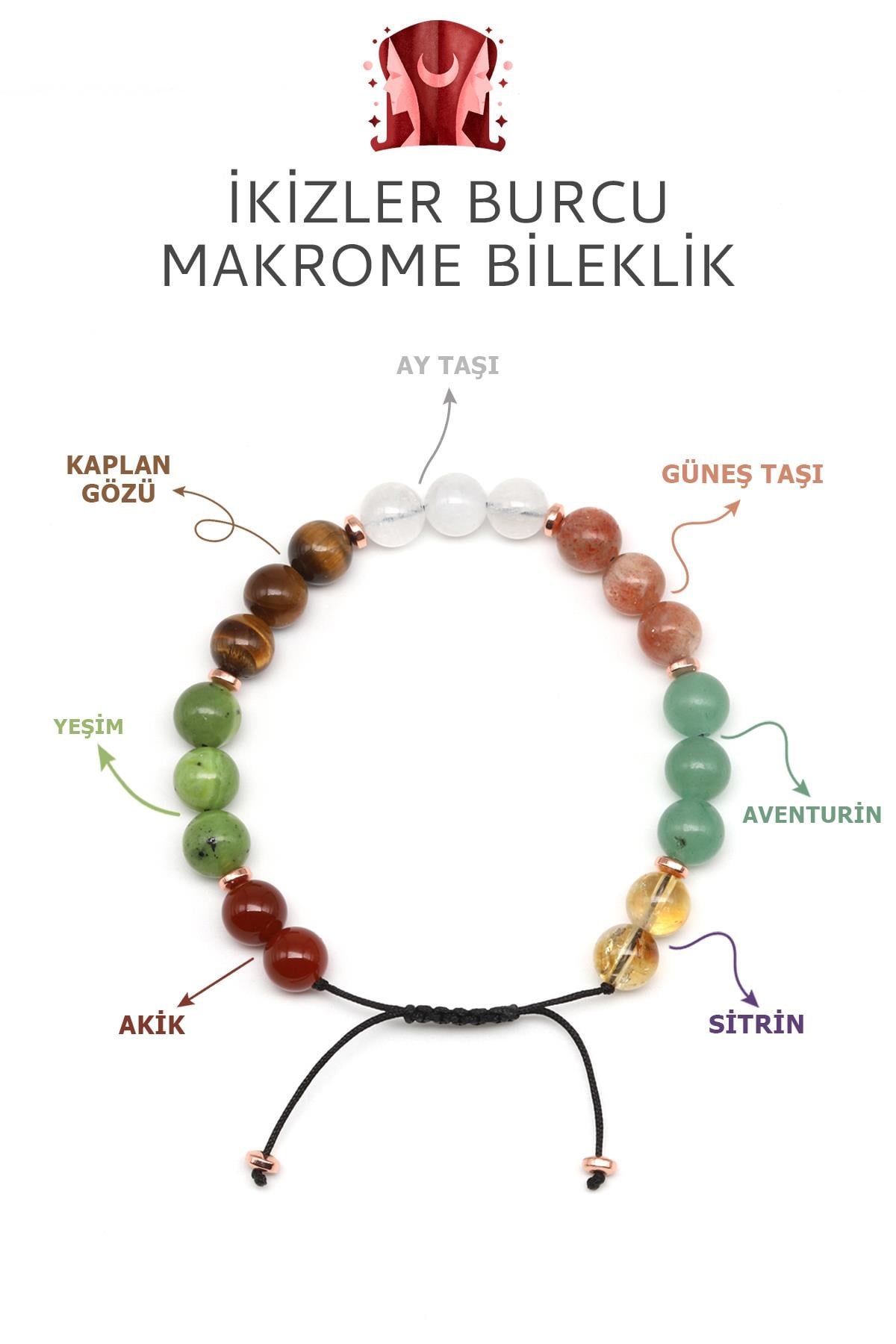 İkizler Burcu Taşlarından Oluşan Doğal Taş Makrome Bileklik 8 mm Küre Kesim - Burç Bilekliği