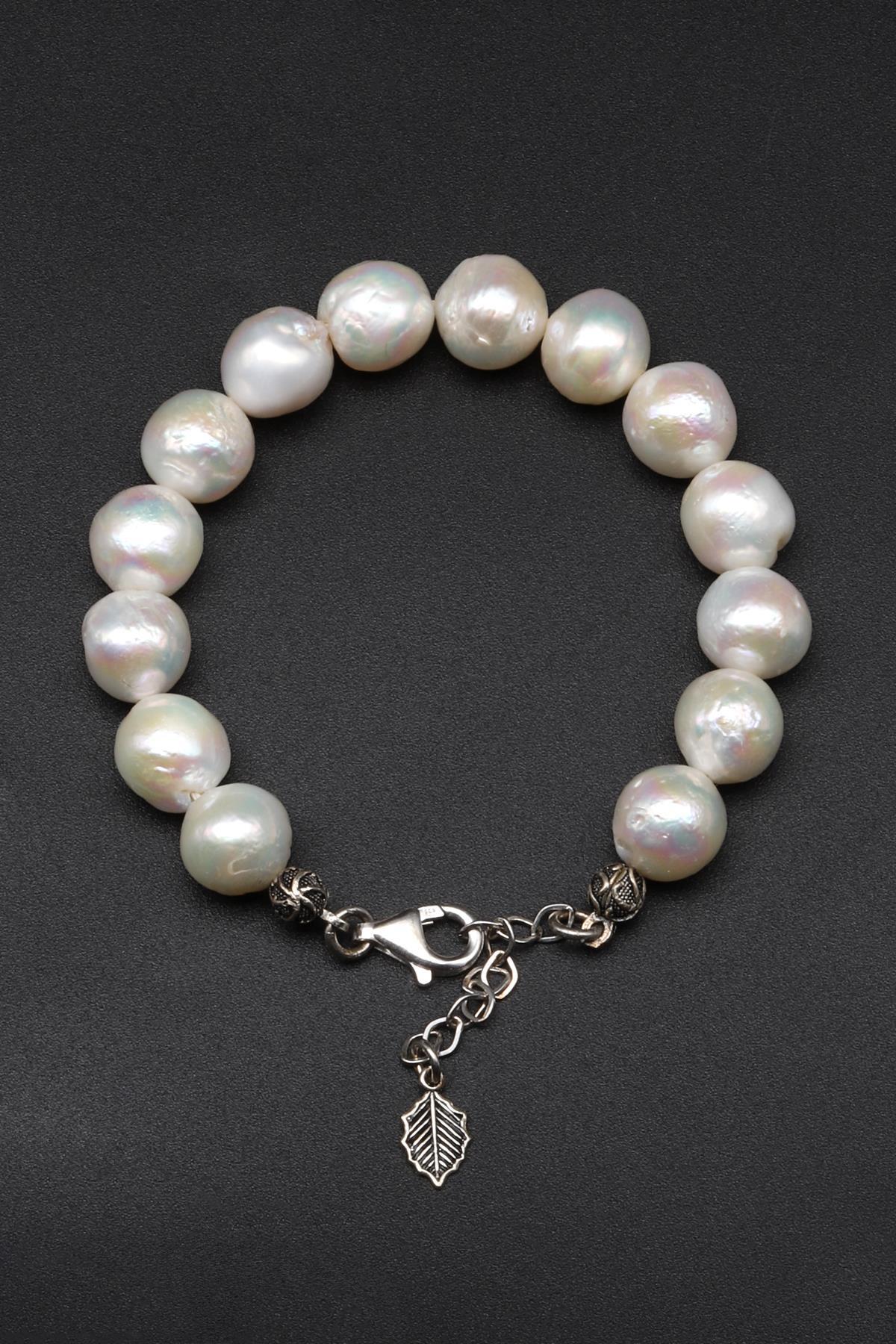 İnci Doğal Taş 925 Ayar Gümüş Bileklik 10 mm Küre Kesim