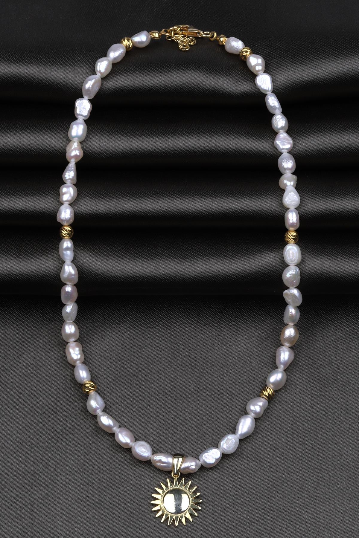 İnci Doğal Taş Özel Tasarım Gold 925 Ayar Gümüş Kolye