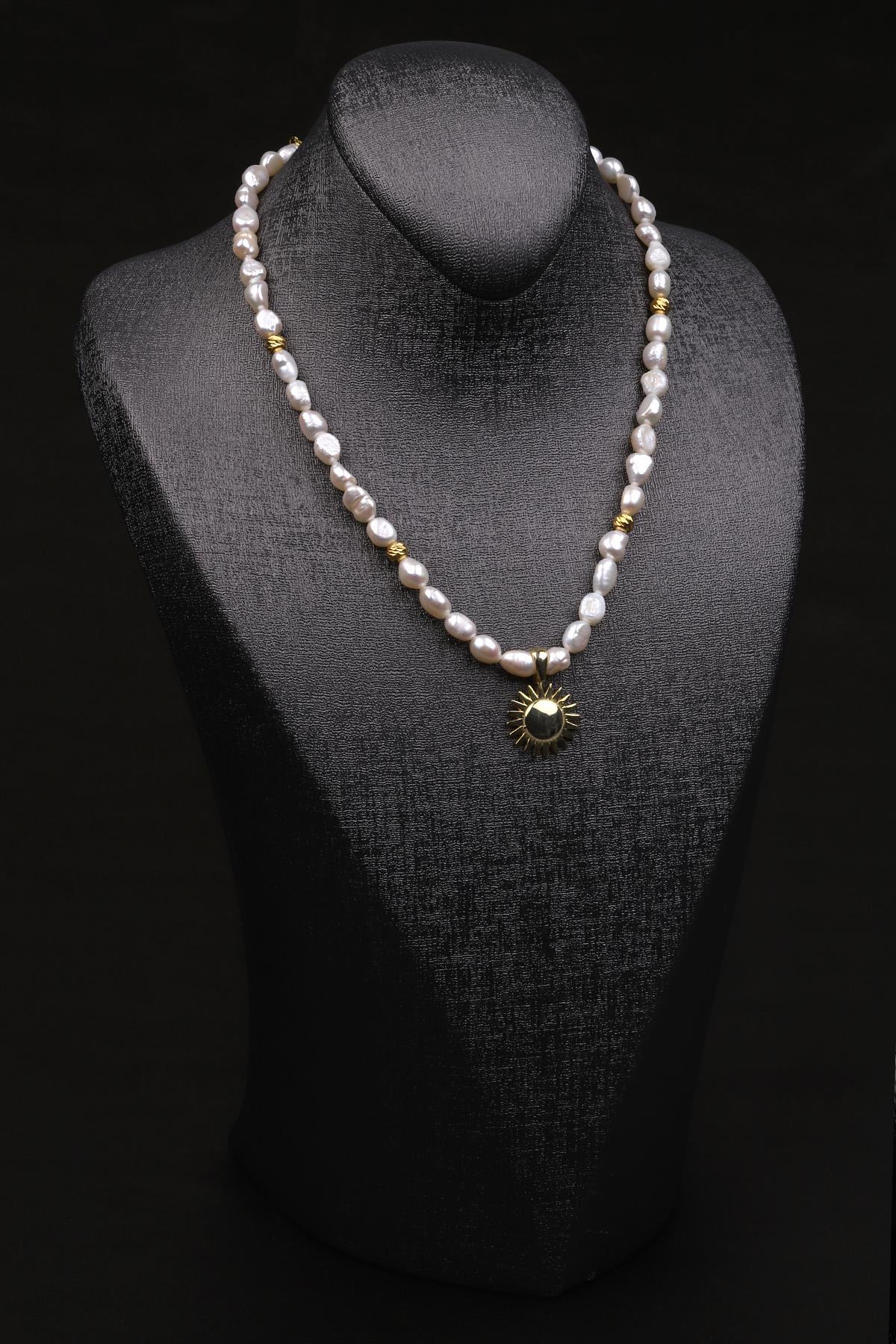 İnci Doğal Taş Özel Tasarım Gold 925 Ayar Gümüş Kolye