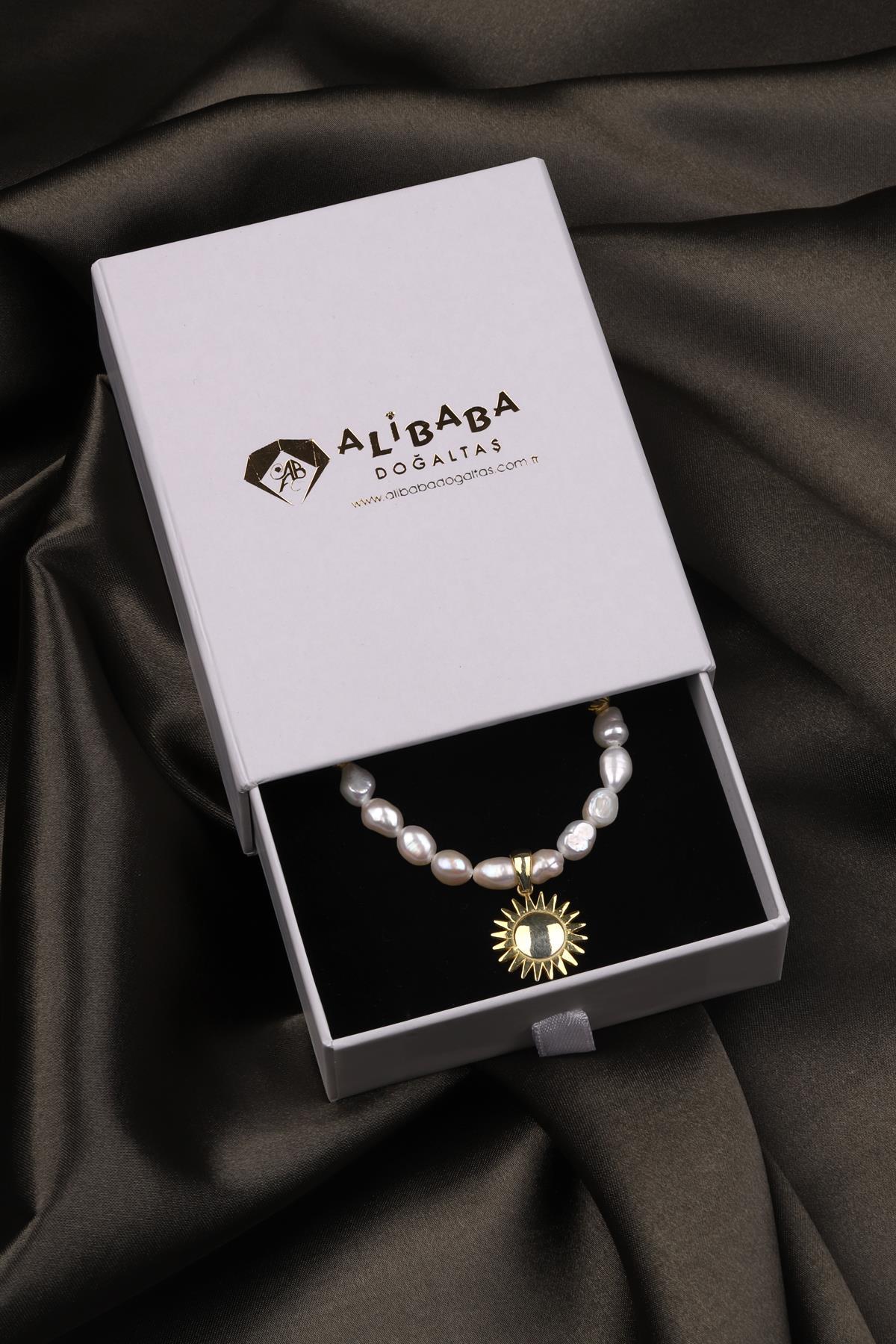 İnci Doğal Taş Özel Tasarım Gold 925 Ayar Gümüş Kolye