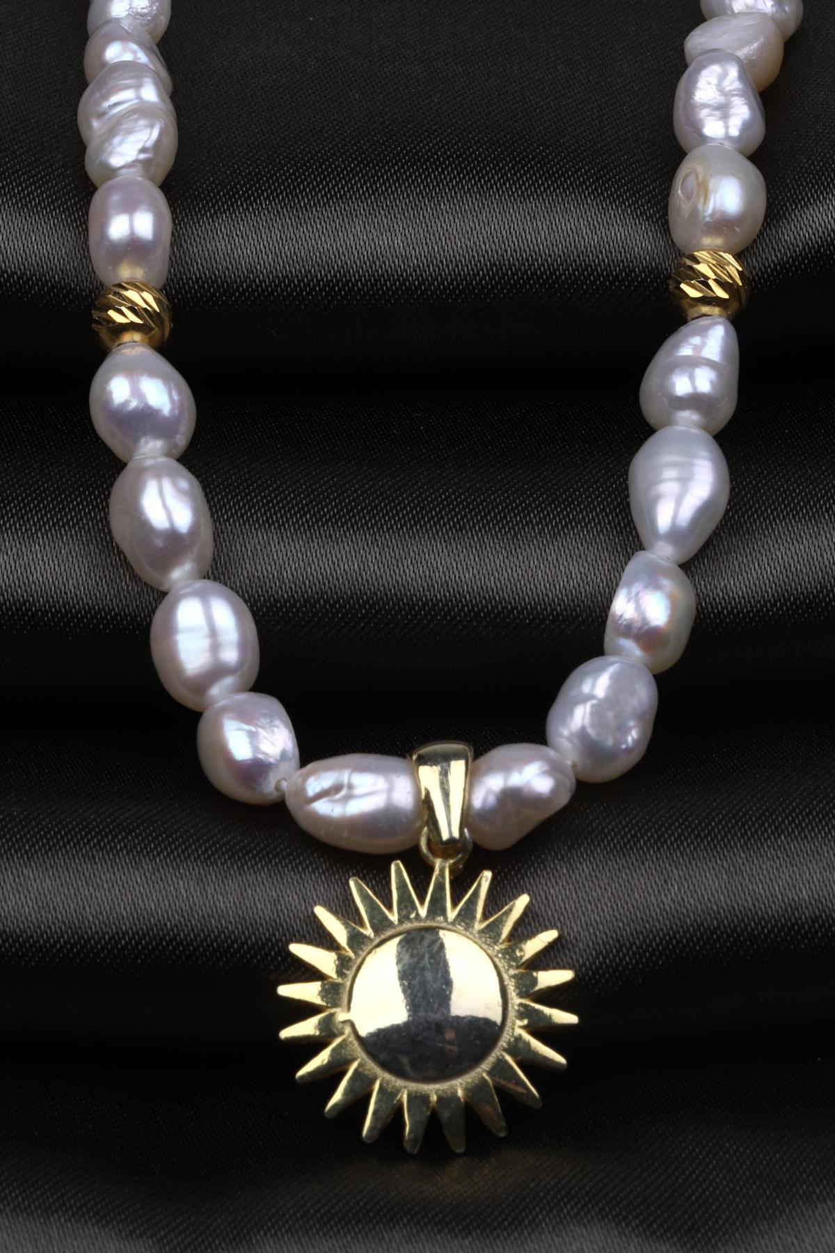 İnci Doğal Taş Özel Tasarım Gold 925 Ayar Gümüş Kolye