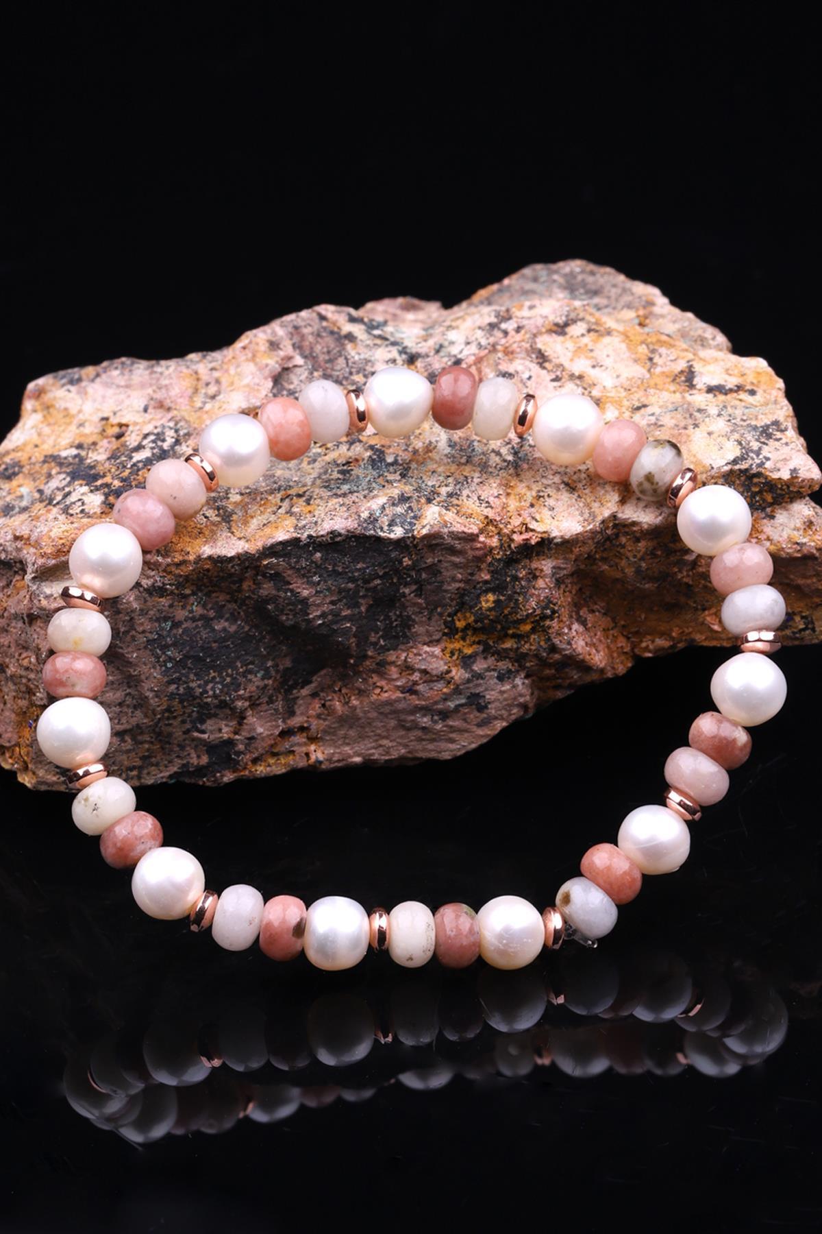 İnci - Hematit - Jasper Doğal Taş Tasarım Bileklik 