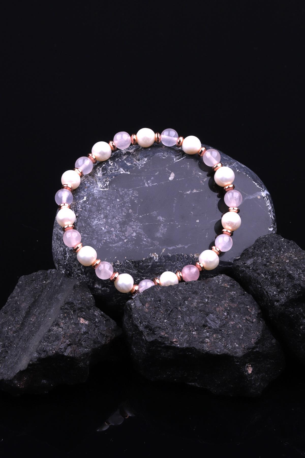 İnci - Hematit - Pembe Kuvars Doğal Taş Tasarım Bileklik 