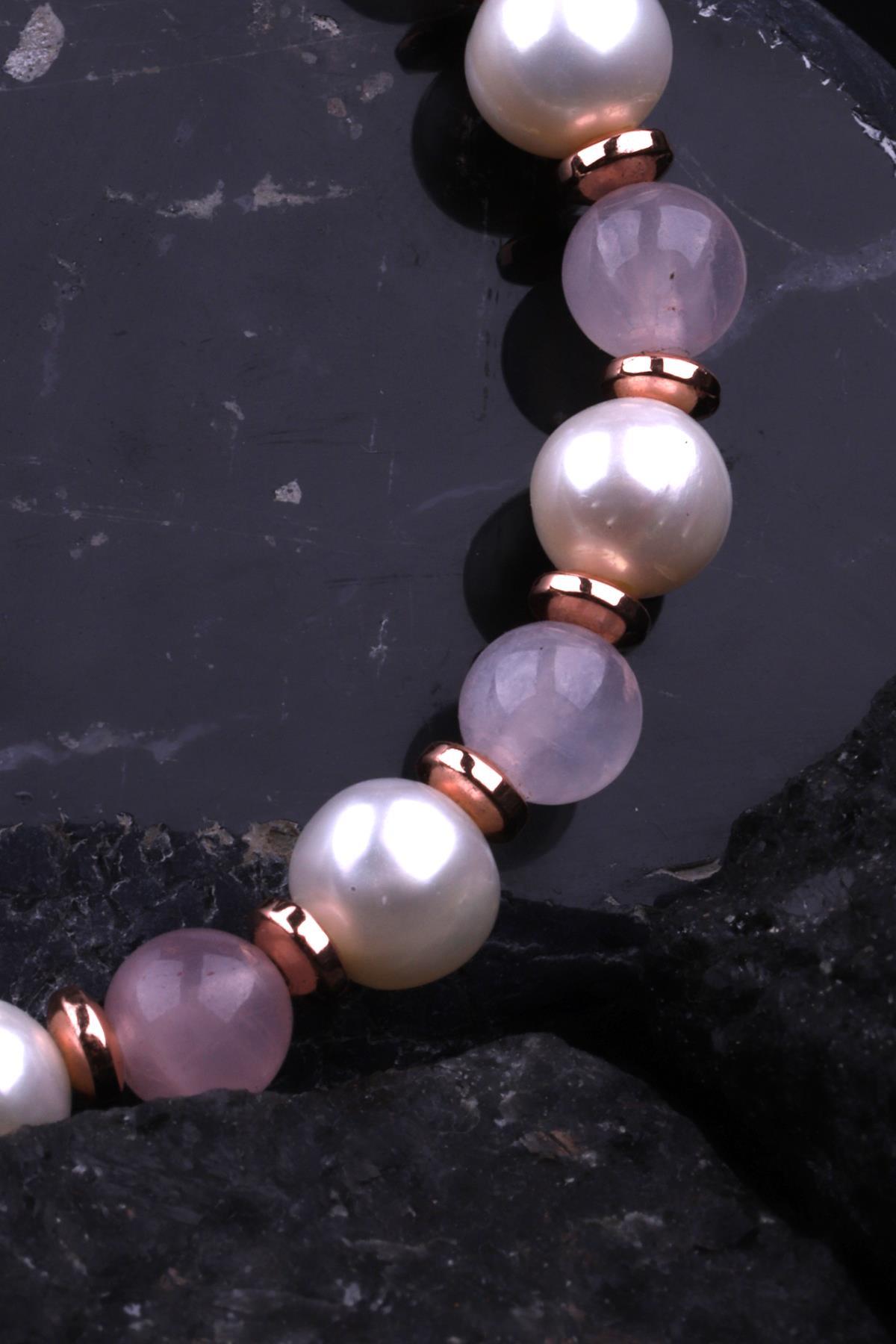 İnci - Hematit - Pembe Kuvars Doğal Taş Tasarım Bileklik 