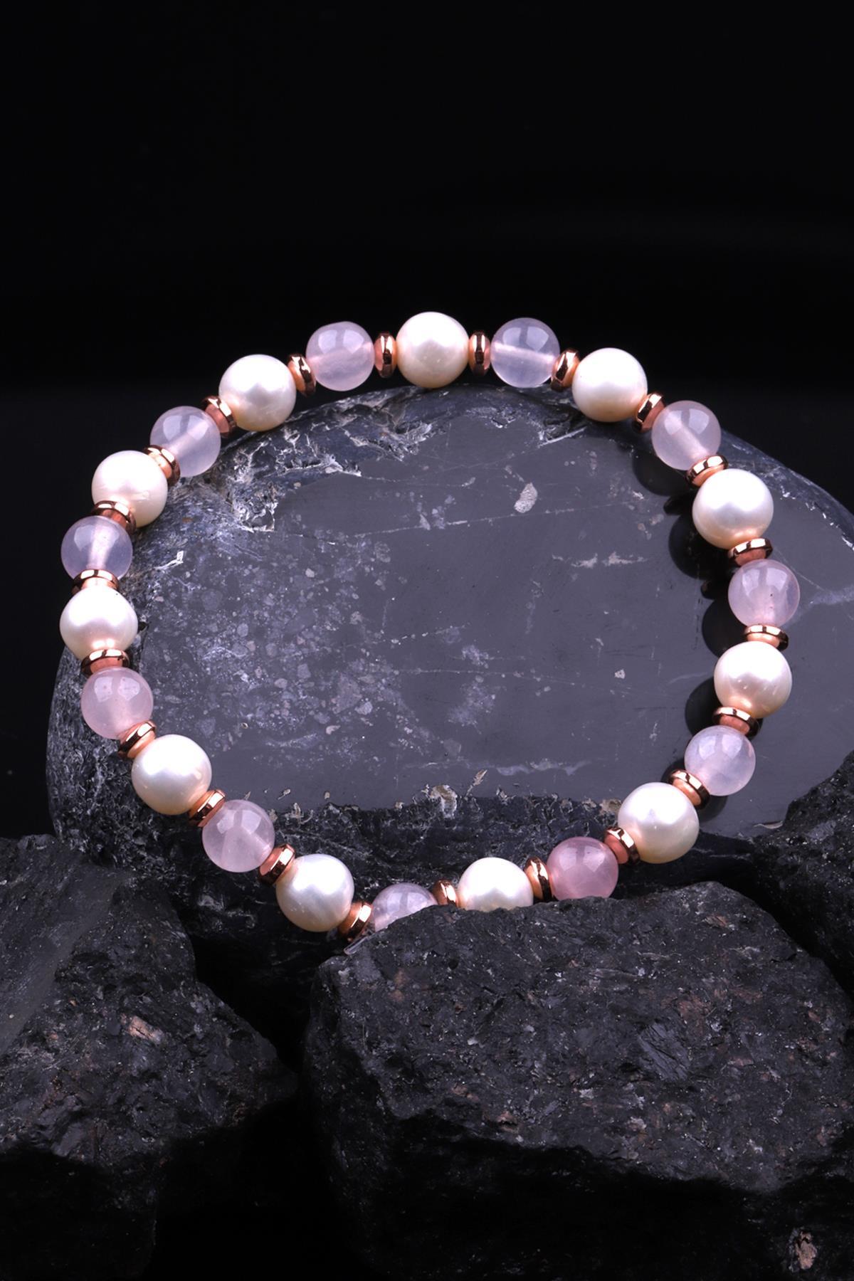İnci - Hematit - Pembe Kuvars Doğal Taş Tasarım Bileklik 