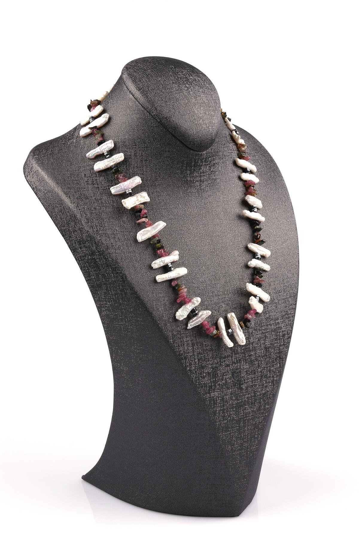 İnci - Turmalin Doğal Taş Tasarım Kolye