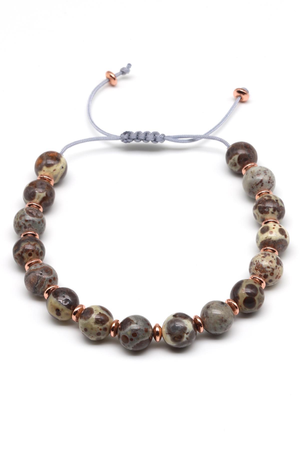 Jasper Doğal Taş Makrome Örme Bileklik Küre Kesim