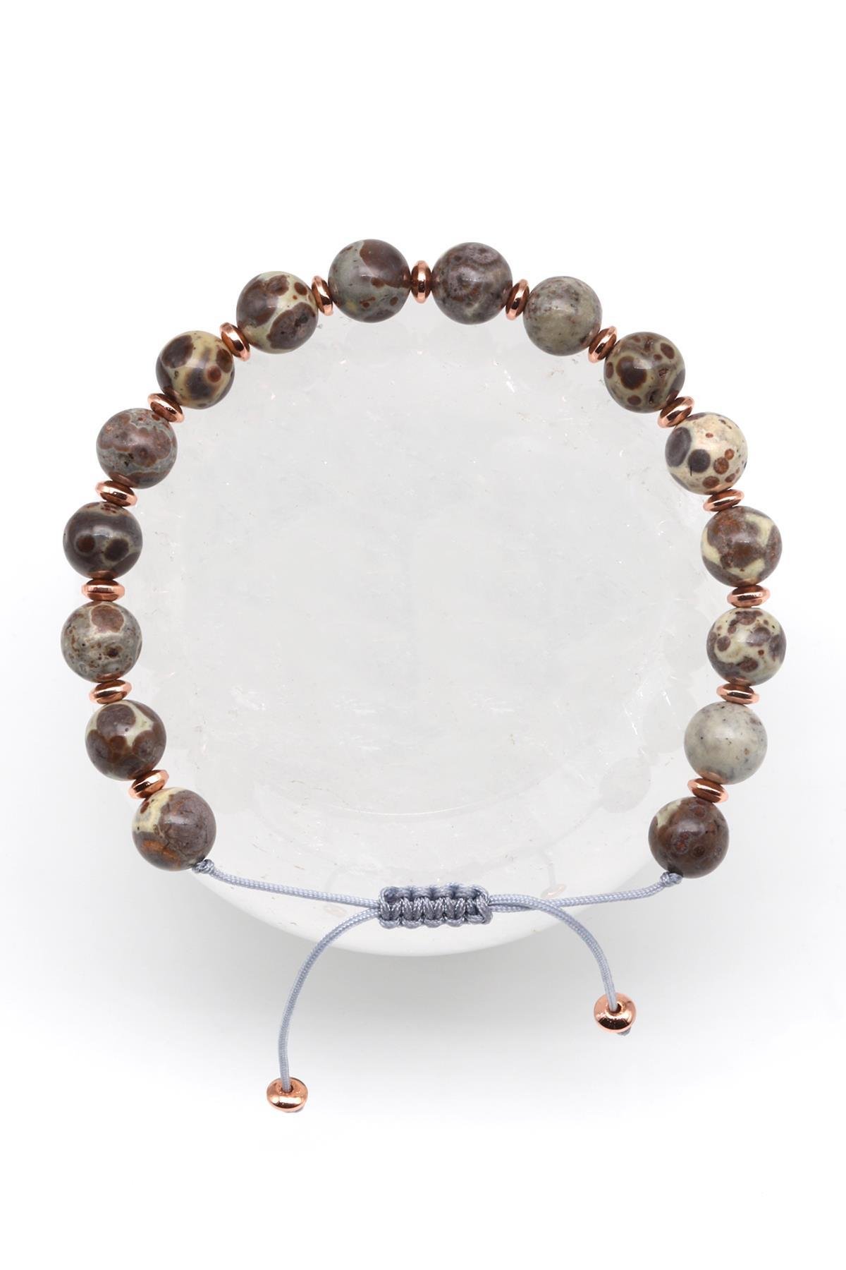 Jasper Doğal Taş Makrome Örme Bileklik Küre Kesim