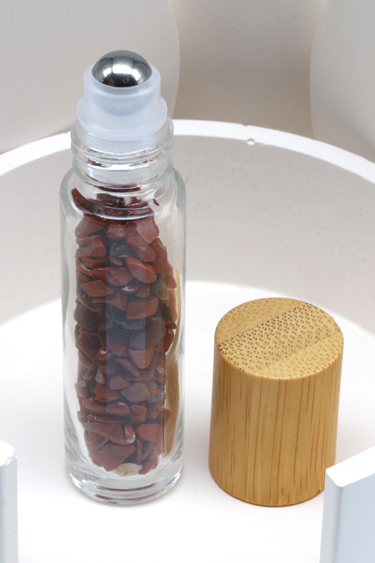 Jasper Doğal Taşlı Bambu Kapaklı Doldurulabilir Esans ve Yağ Şişesi - Hematit Uçlu