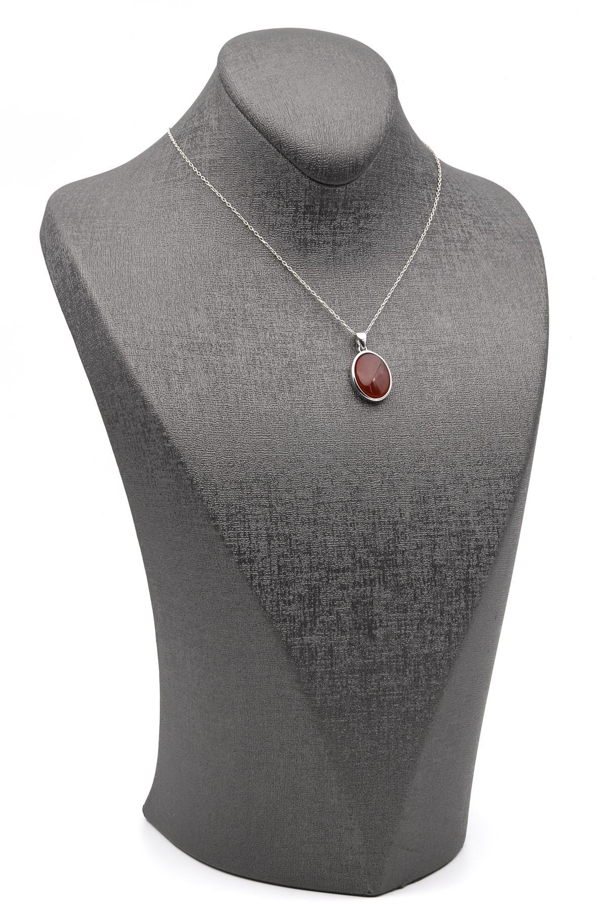 Kahverengi Akik Doğal Taş 925 Ayar Gümüş Kolye