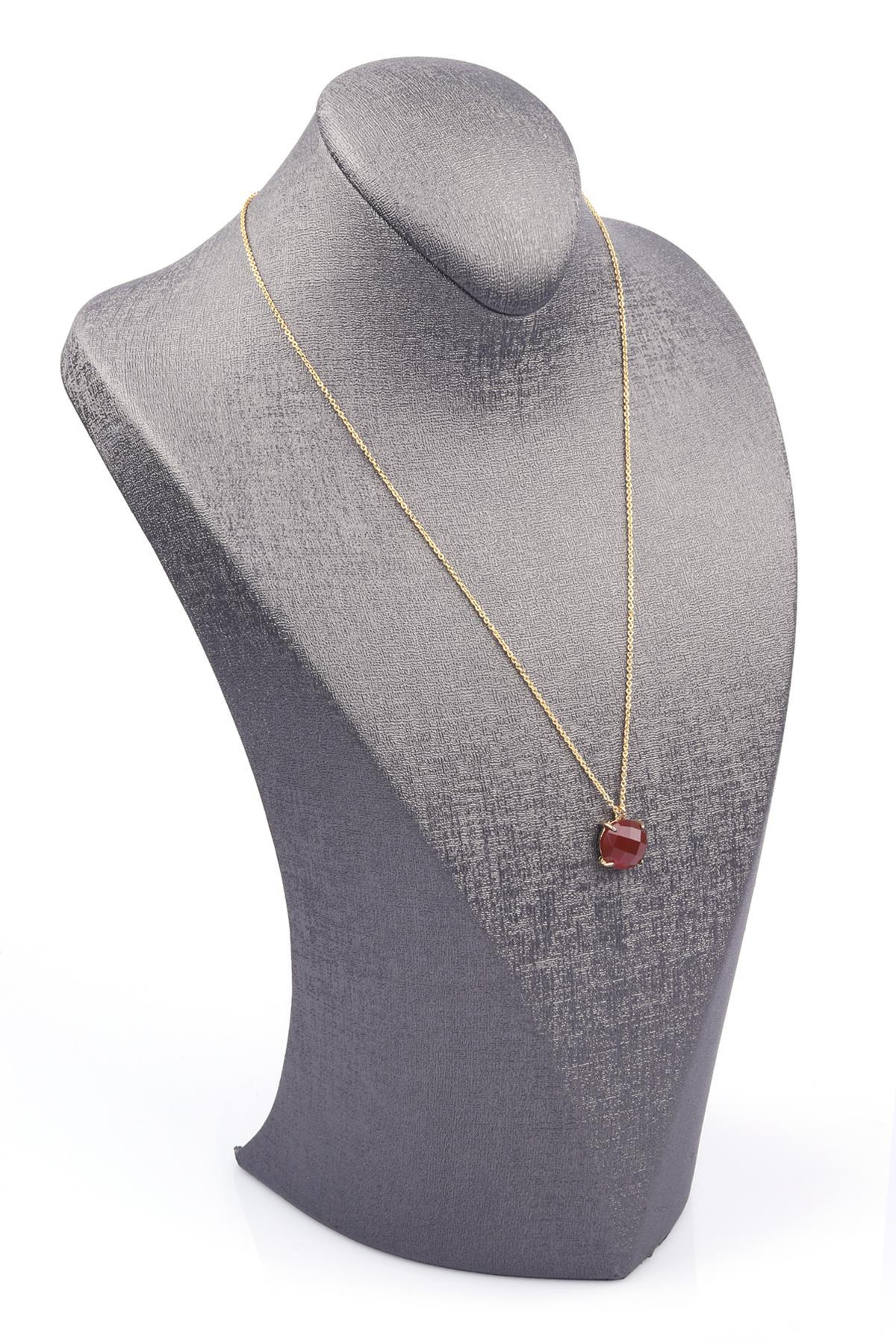 Kahverengi Akik Doğal Taş Gold Renkli Kolye