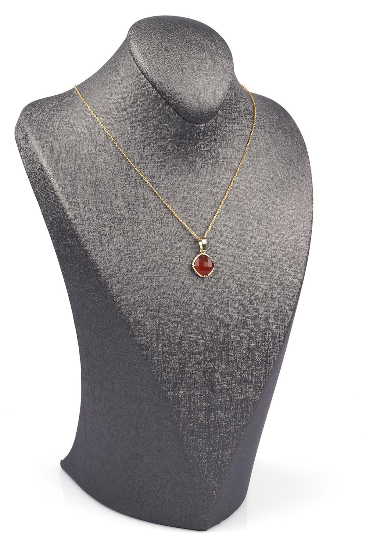 Kahverengi Akik Doğal Taş Gold Renkli Kolye