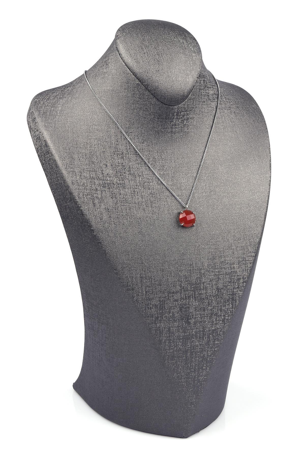 Kahverengi Akik Doğal Taş Gümüş Renkli Kolye