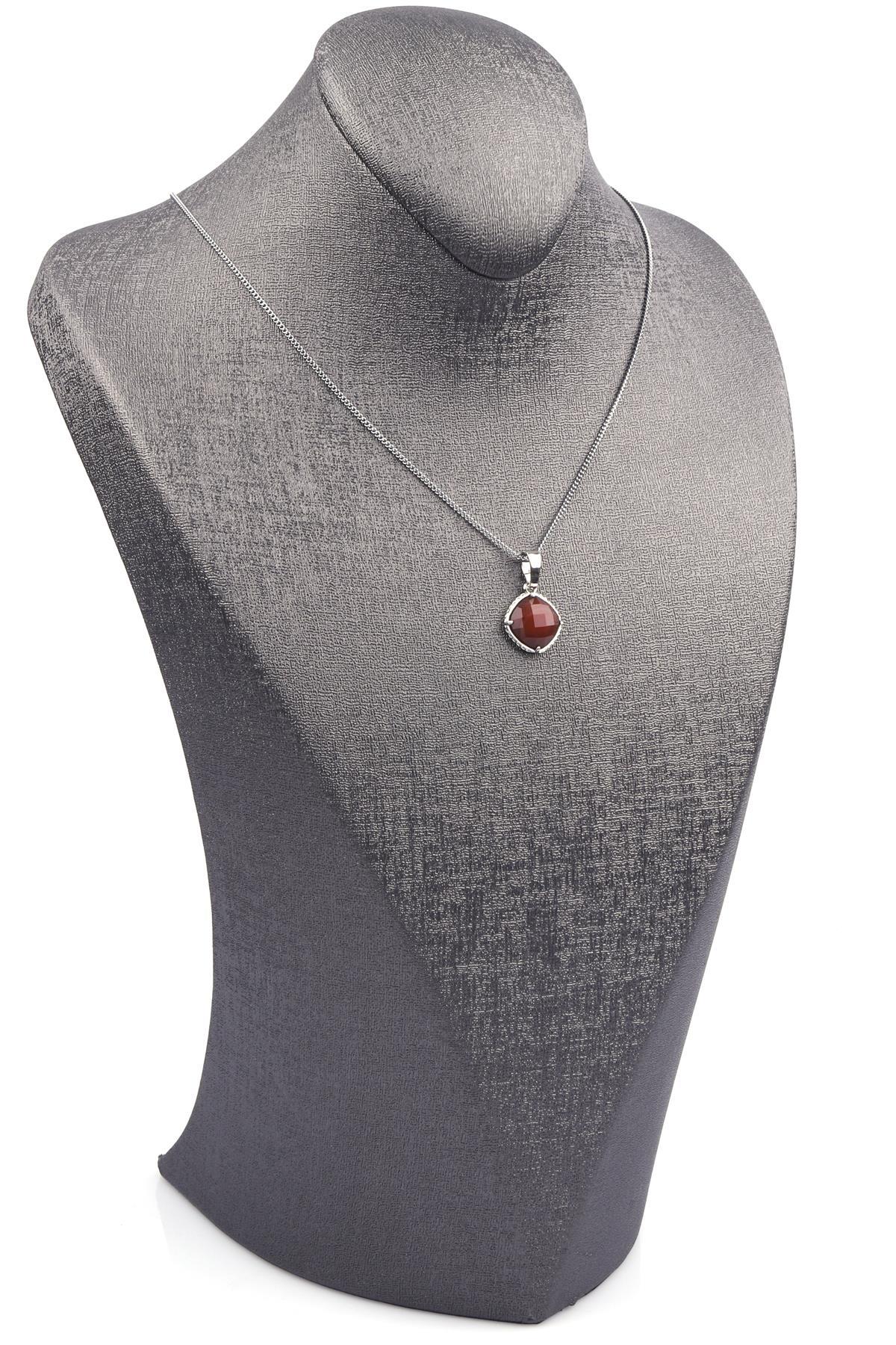 Kahverengi Akik Doğal Taş Gümüş Renkli Kolye