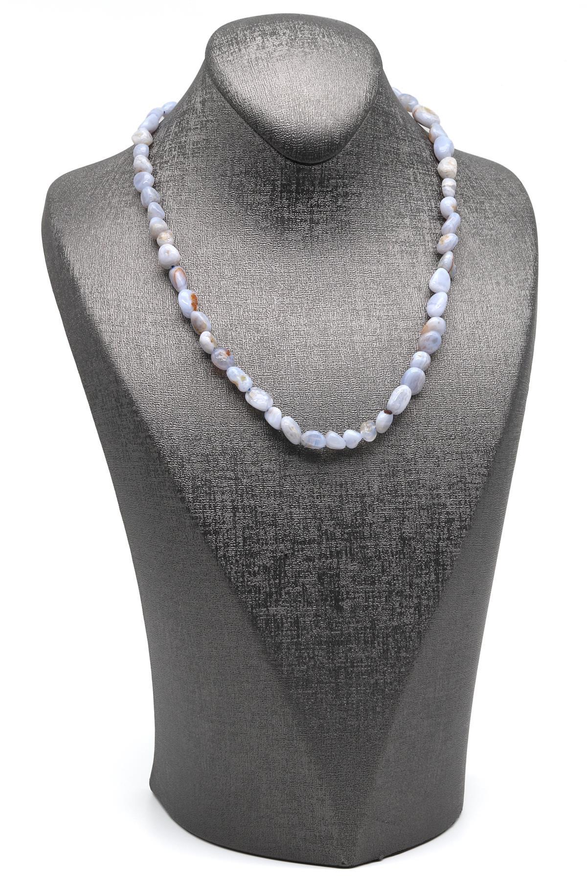 Kalsedon ( Çelik Klipsli ) Doğal Taş Kolye Mercimek Kesim