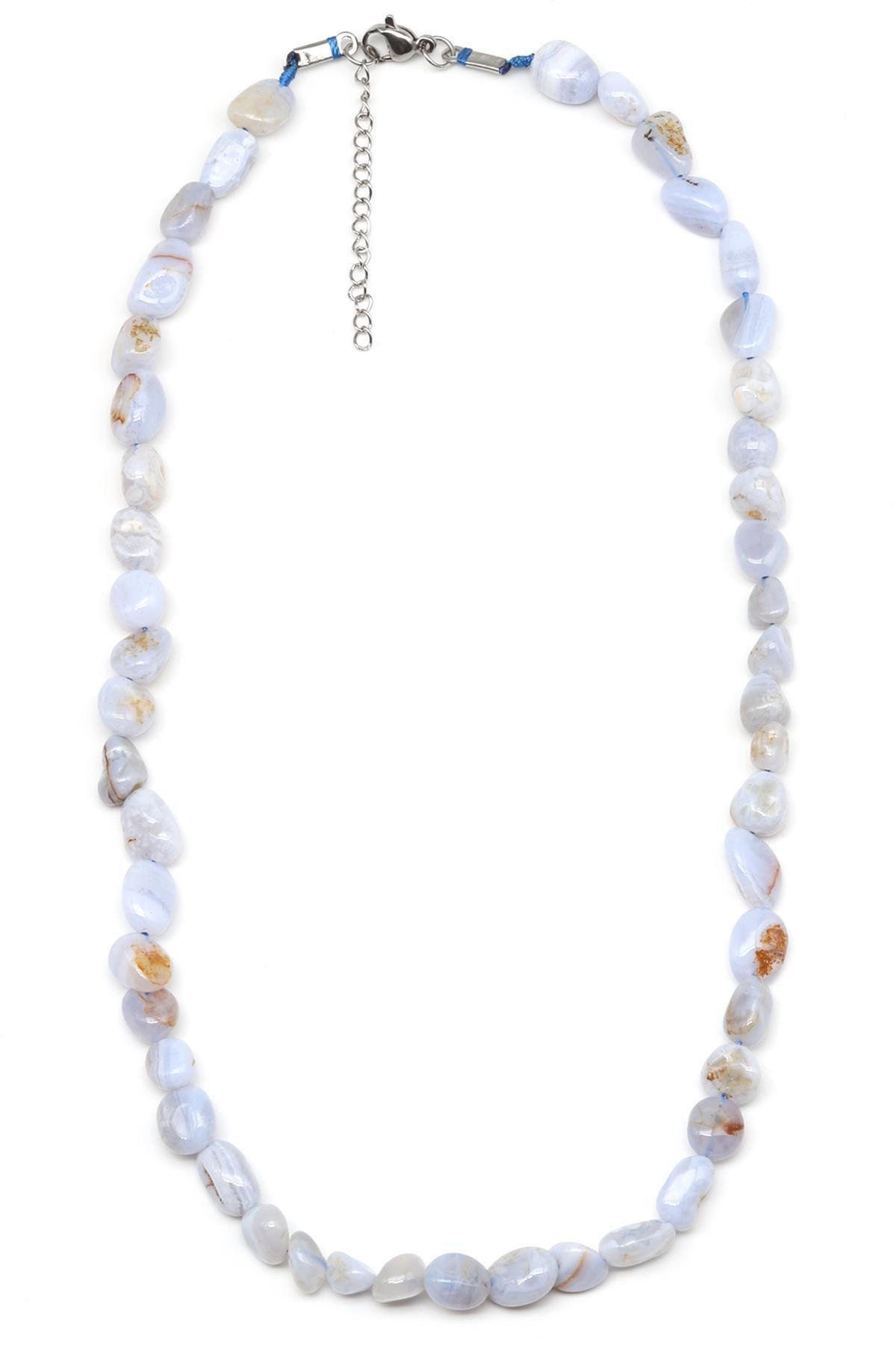 Kalsedon ( Çelik Klipsli ) Doğal Taş Kolye Mercimek Kesim