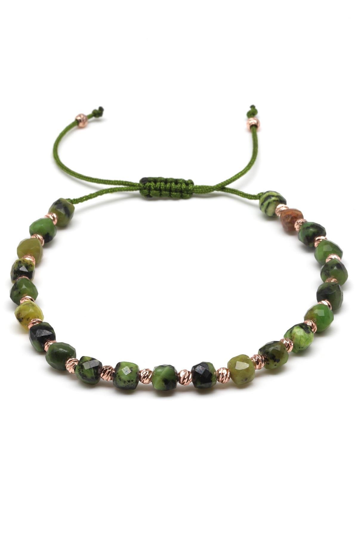 Kanada Yeşim Doğal Taş Makrome Örme Bileklik Fasetli Küp Kesim