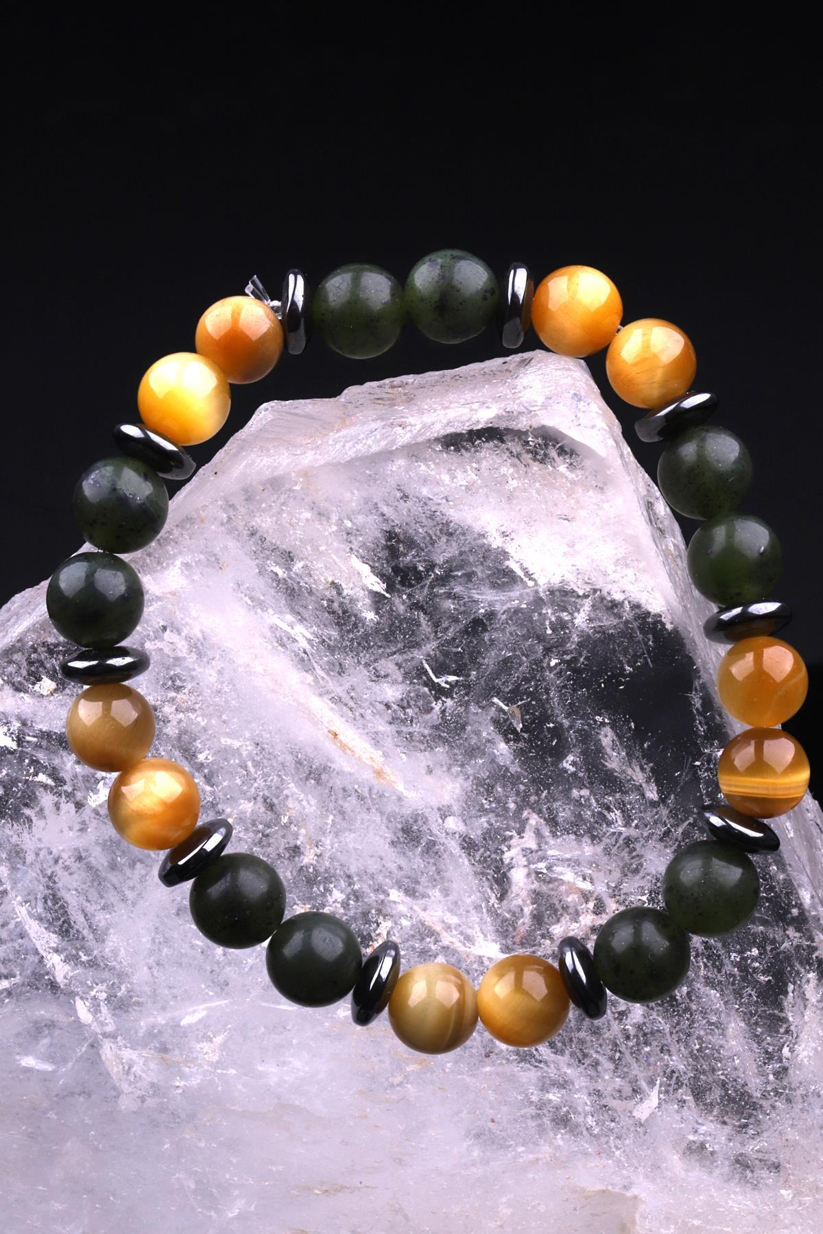 Kanada Yeşim - Kaplan Gözü - Hematit Doğal Taş Tasarım Bileklik 