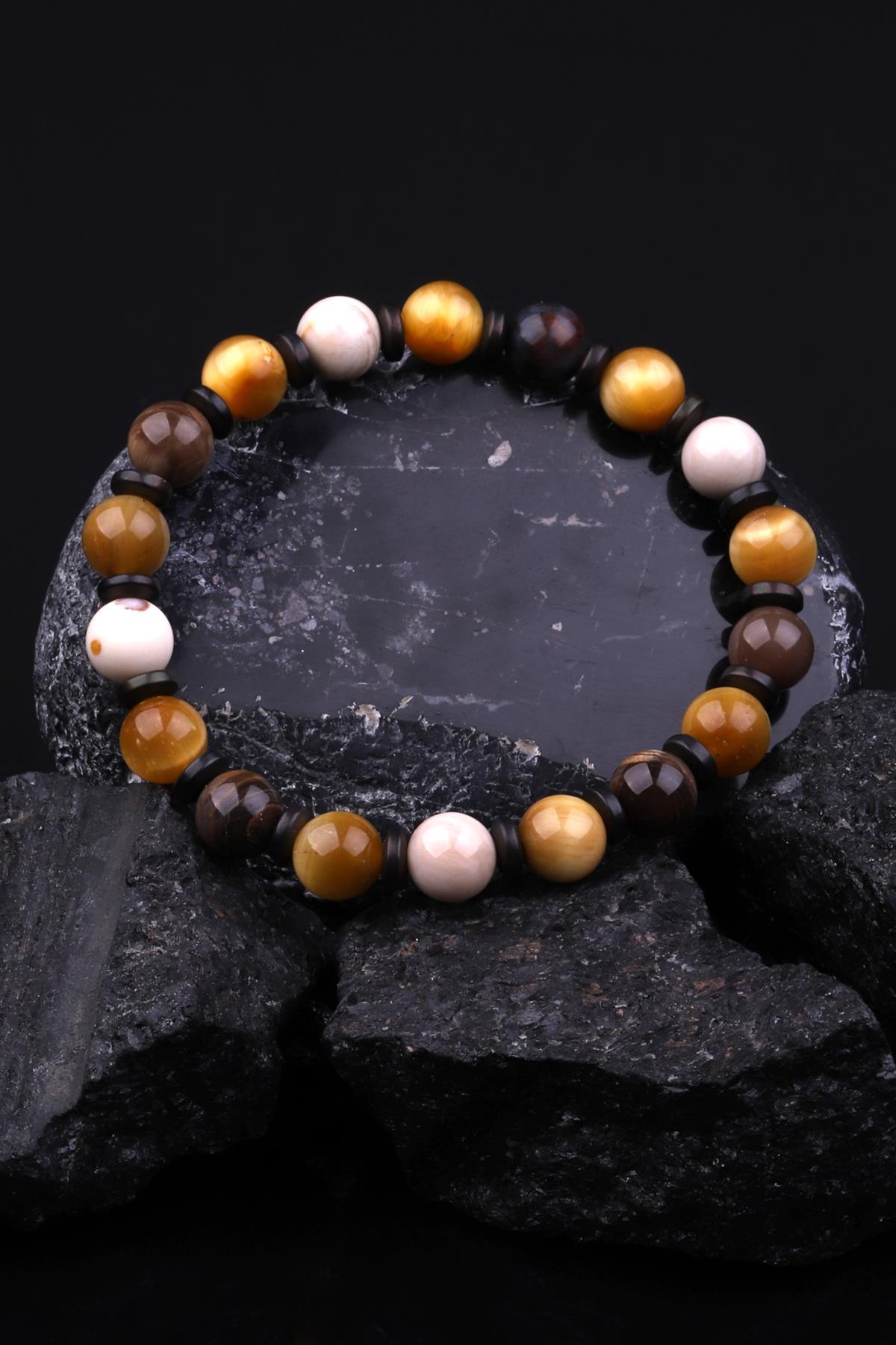 Kaplan Gözü - Ağaç Fosil - Hematit Doğal Taş Tasarım Bileklik 